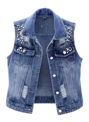 NEW Denim Women Vest Luxury Pearls Fashion Ripped Autumn Jeans Jacket Sleeveless Loose Short Coat Causal Waistcoats, Sz L