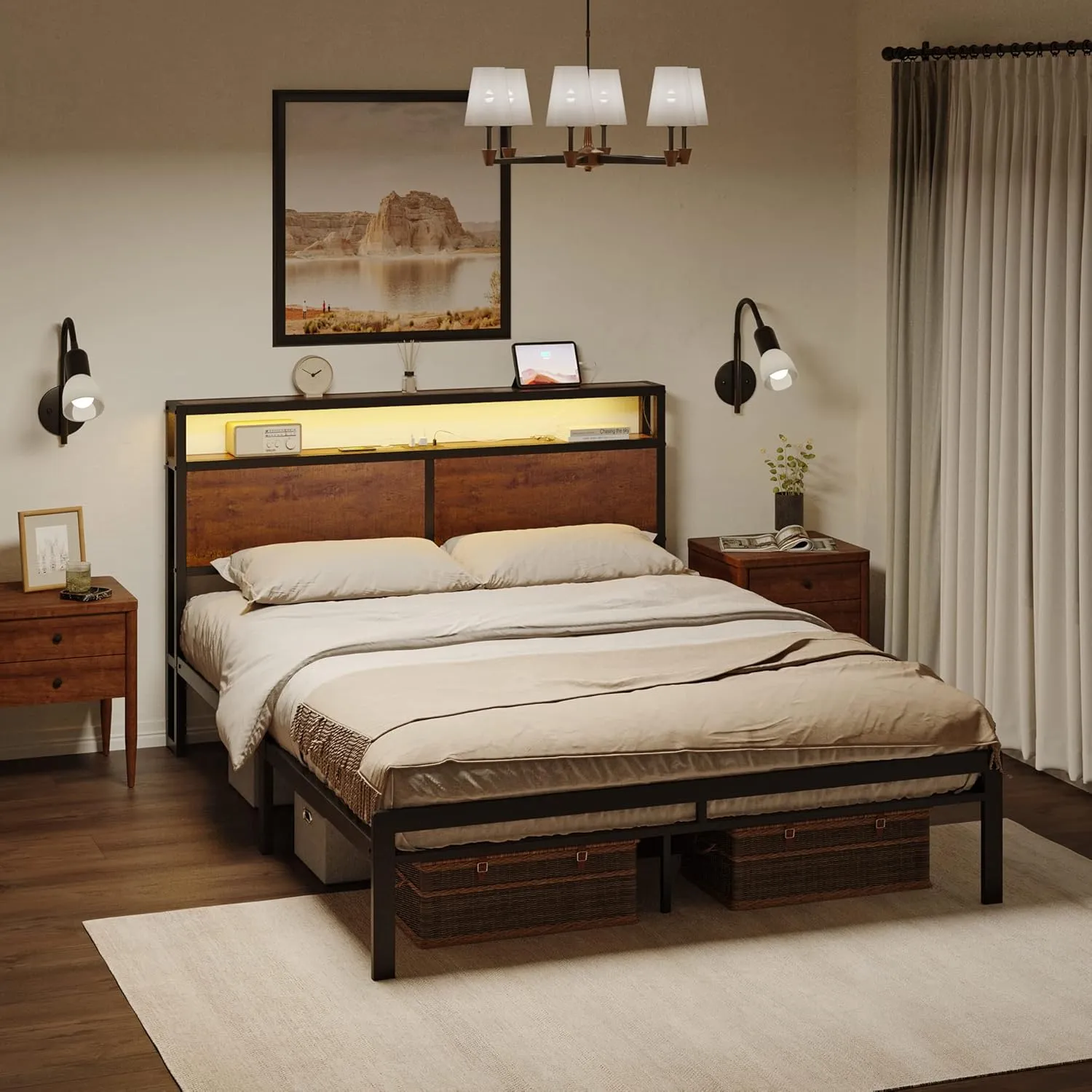 NEW IN BOX Retails $400 HAUSOURCE King Bed Frame with Storage Headboard Bed Frame King Size Metal Platform Bed with LED Lights USB Ports & Outlets Non-Slip Without Noise Strong Metal Slats Support No Box Spring Needed