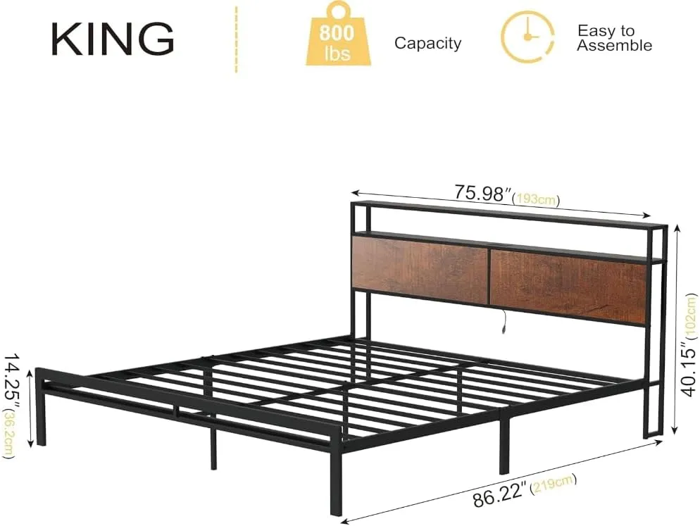 NEW IN BOX Retails $400 HAUSOURCE King Bed Frame with Storage Headboard Bed Frame King Size Metal Platform Bed with LED Lights USB Ports & Outlets Non-Slip Without Noise Strong Metal Slats Support No Box Spring Needed