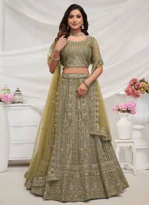 Olive Green Multi Embroidery Lehenga Choli For Wedding