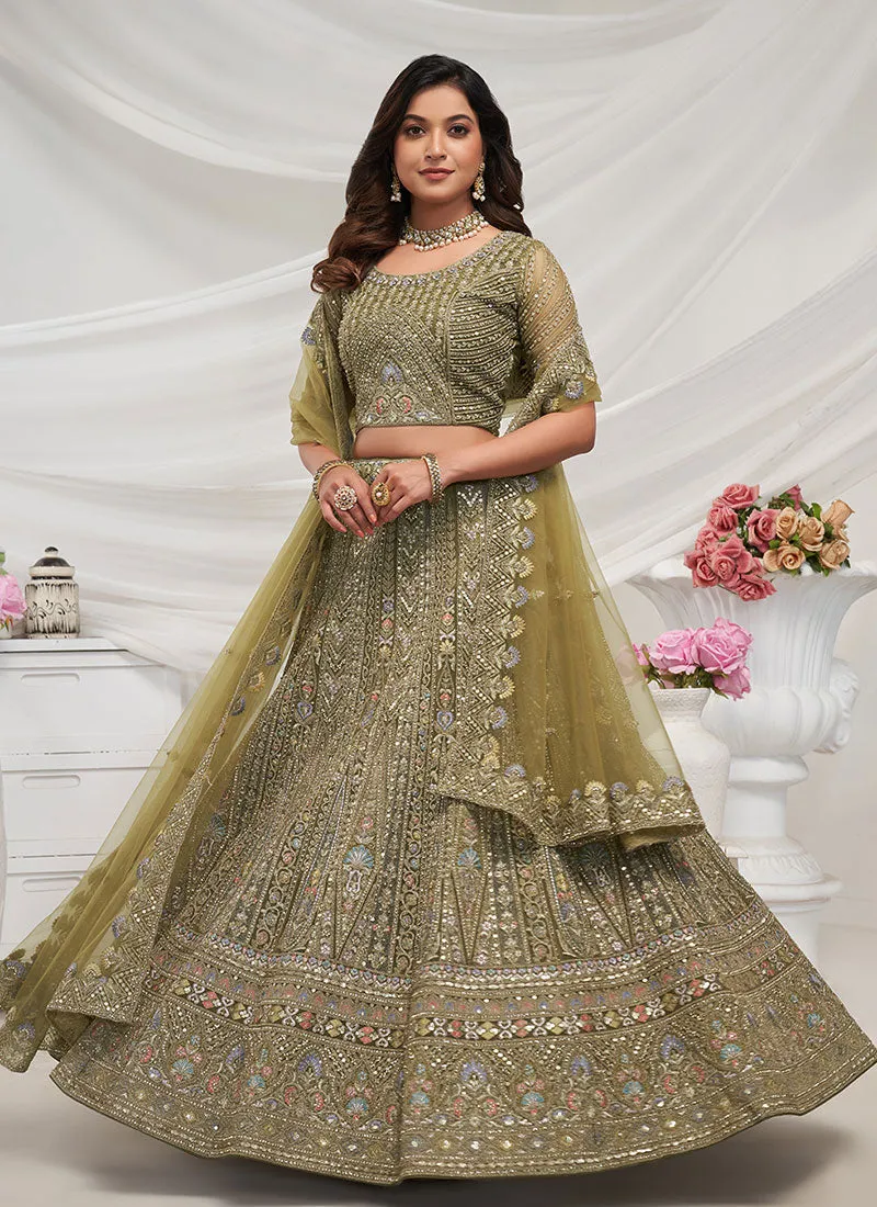 Olive Green Multi Embroidery Lehenga Choli For Wedding