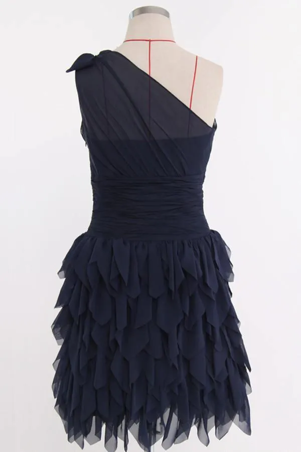 One Shoulder A-line Knee Length Chiffon Dark Navy Bridesmaid Dress TY0017