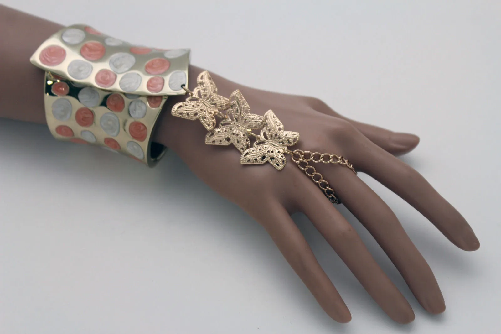 Orange & Polka Dot Cuff with Gold Butterfly Hand Chain