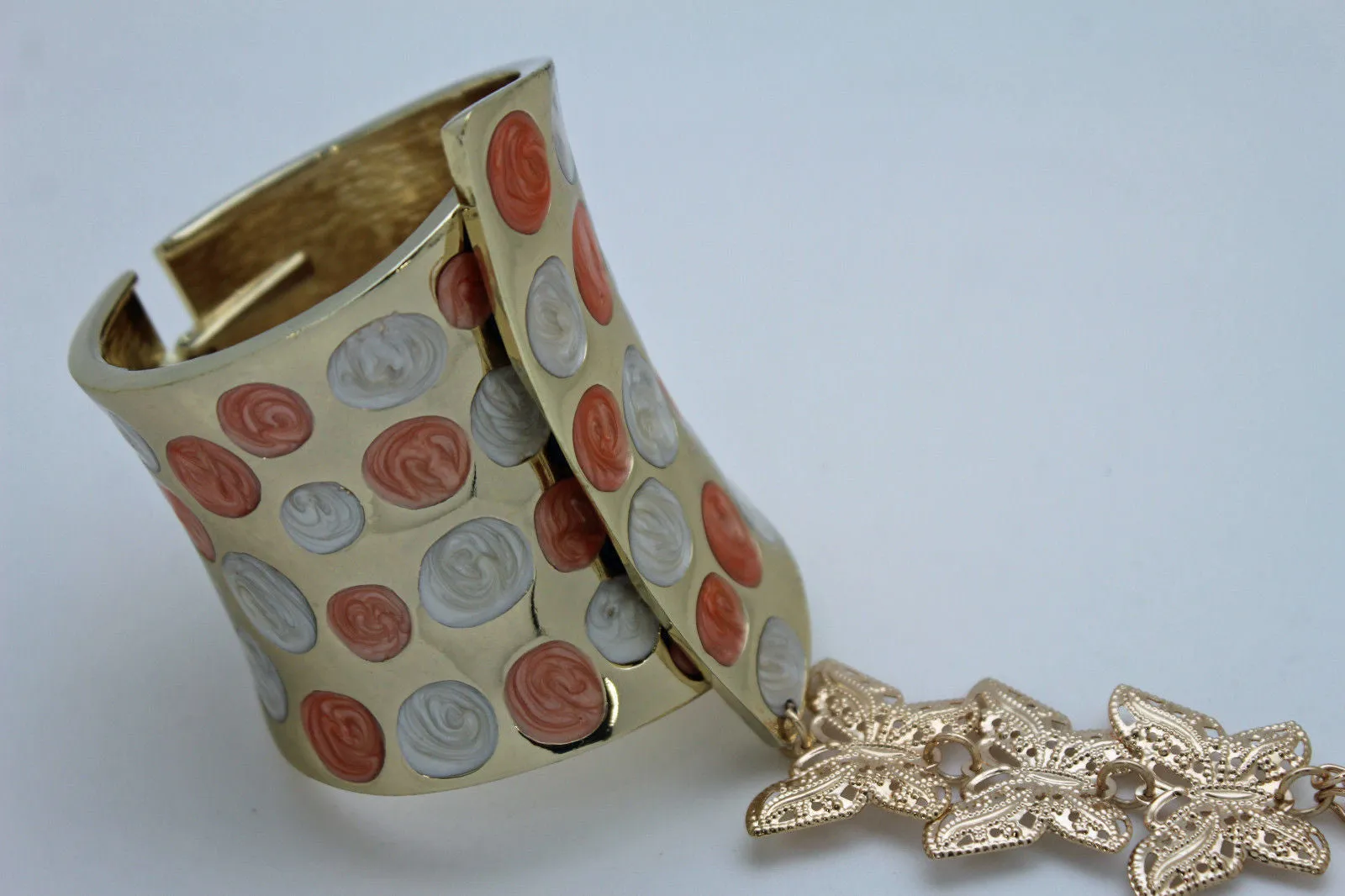 Orange & Polka Dot Cuff with Gold Butterfly Hand Chain