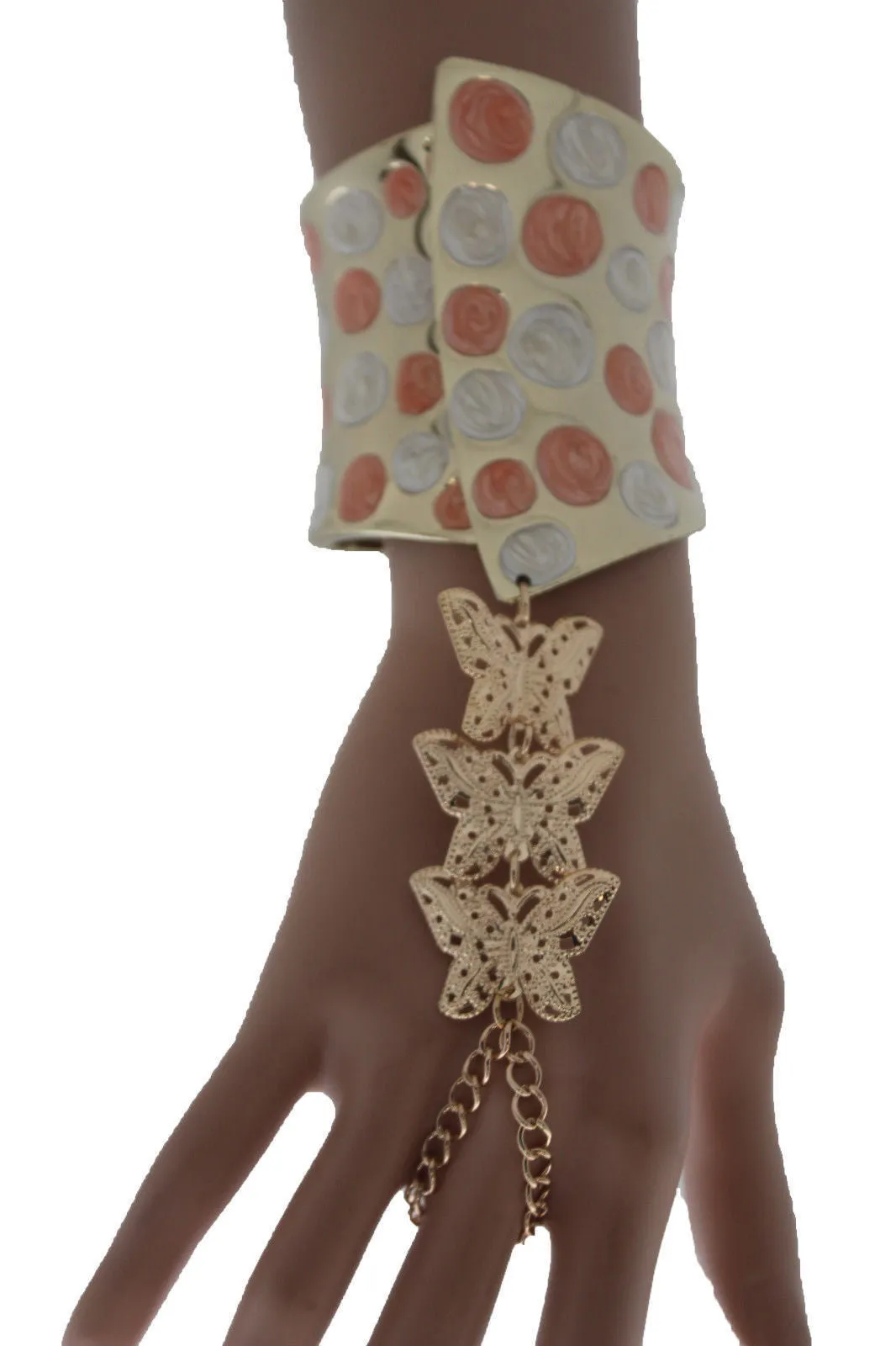 Orange & Polka Dot Cuff with Gold Butterfly Hand Chain