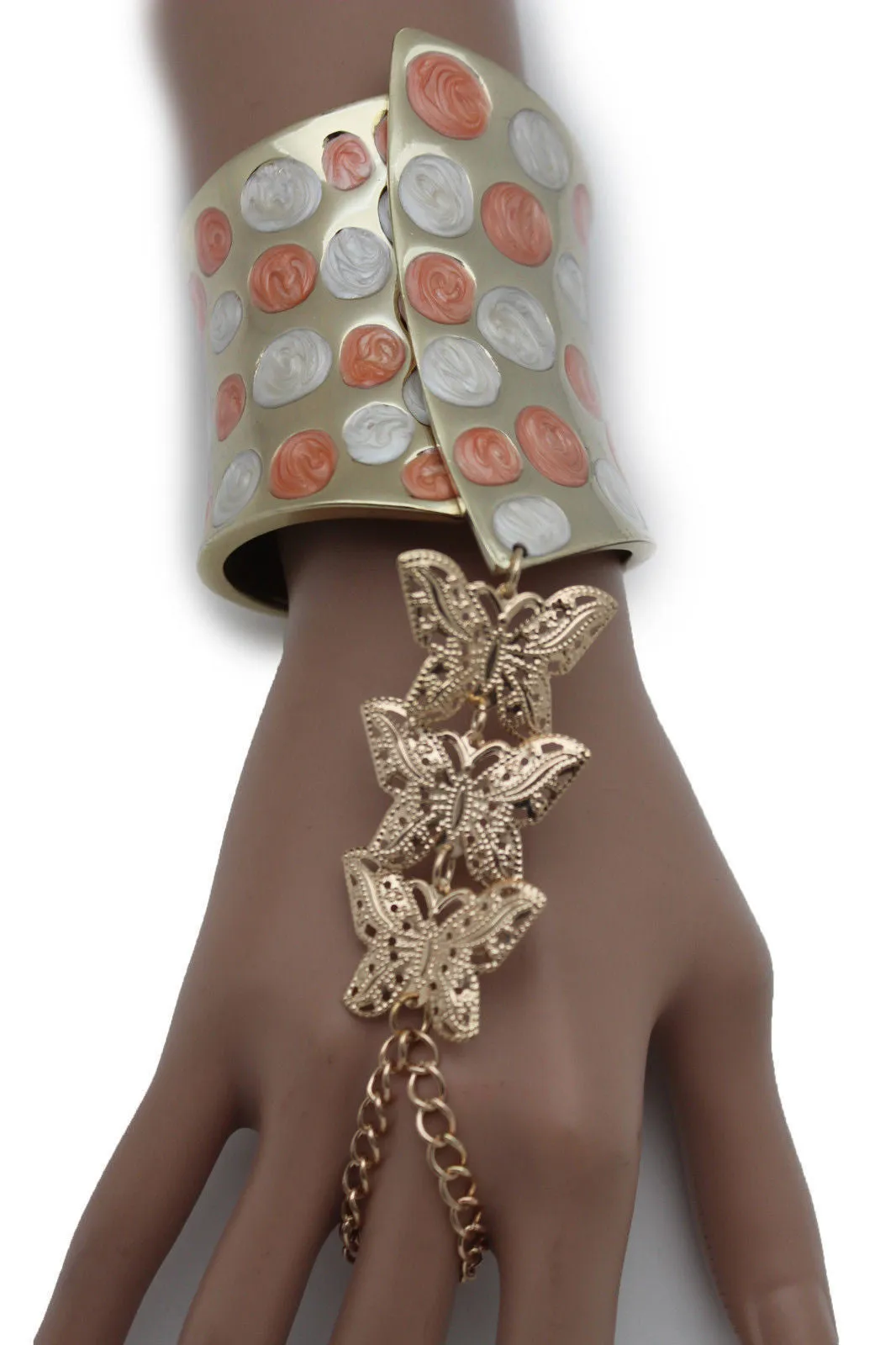 Orange & Polka Dot Cuff with Gold Butterfly Hand Chain