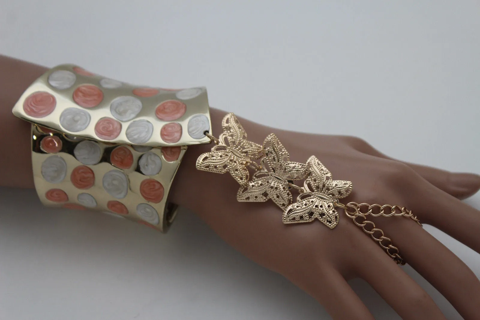 Orange & Polka Dot Cuff with Gold Butterfly Hand Chain