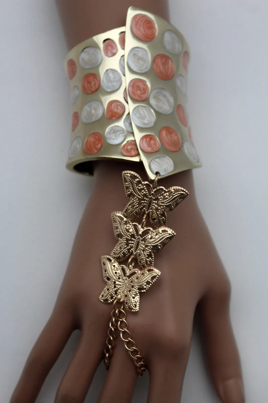 Orange & Polka Dot Cuff with Gold Butterfly Hand Chain