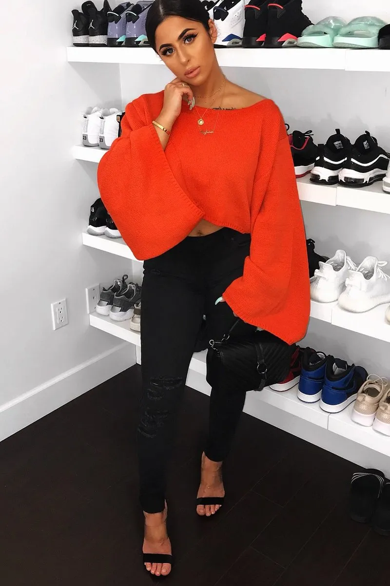 Orange Cropped Batwing Jumper - Carmin