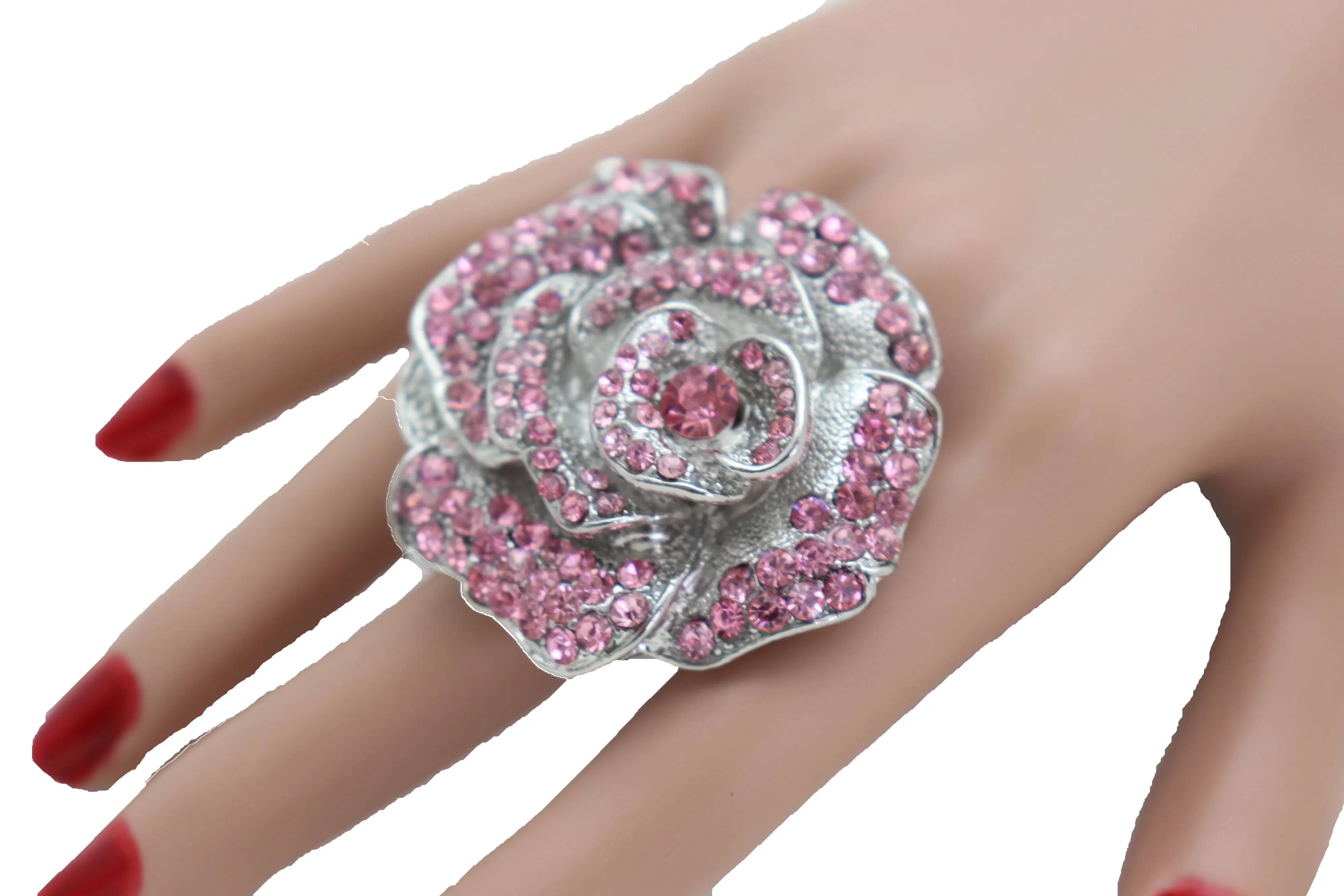 Oversized Pink Rhinestone Flower Elastic Band Ring