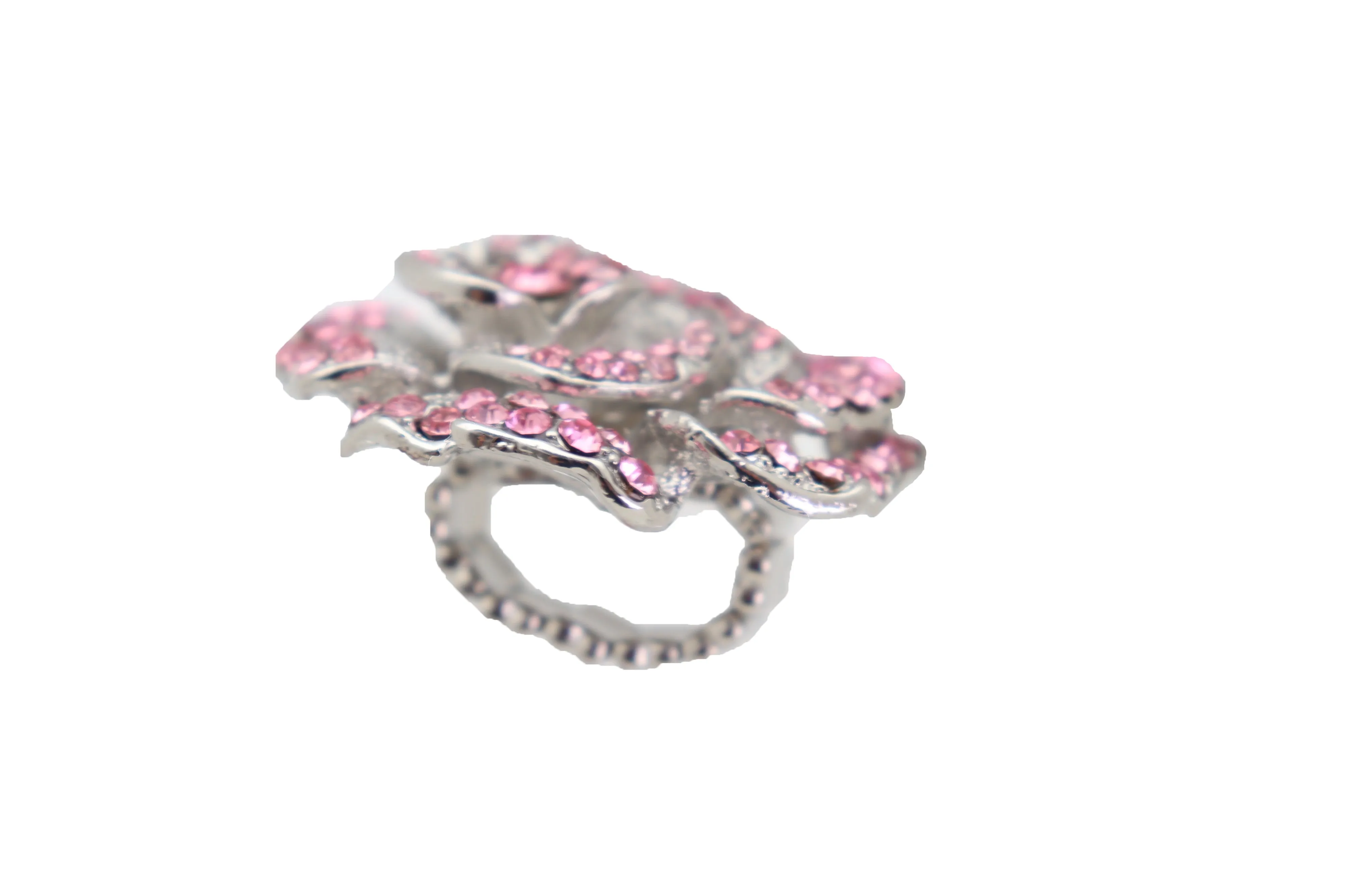 Oversized Pink Rhinestone Flower Elastic Band Ring