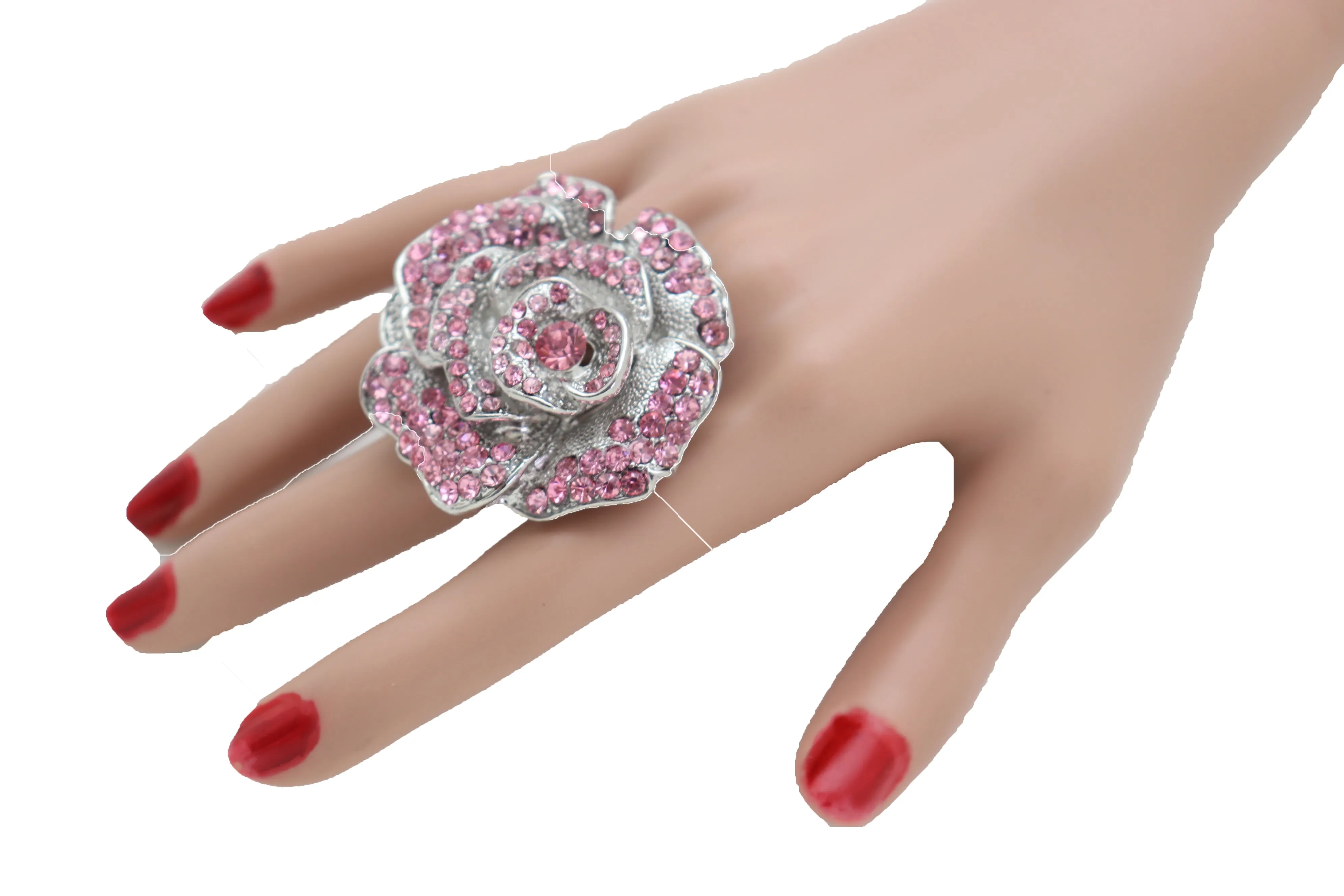 Oversized Pink Rhinestone Flower Elastic Band Ring