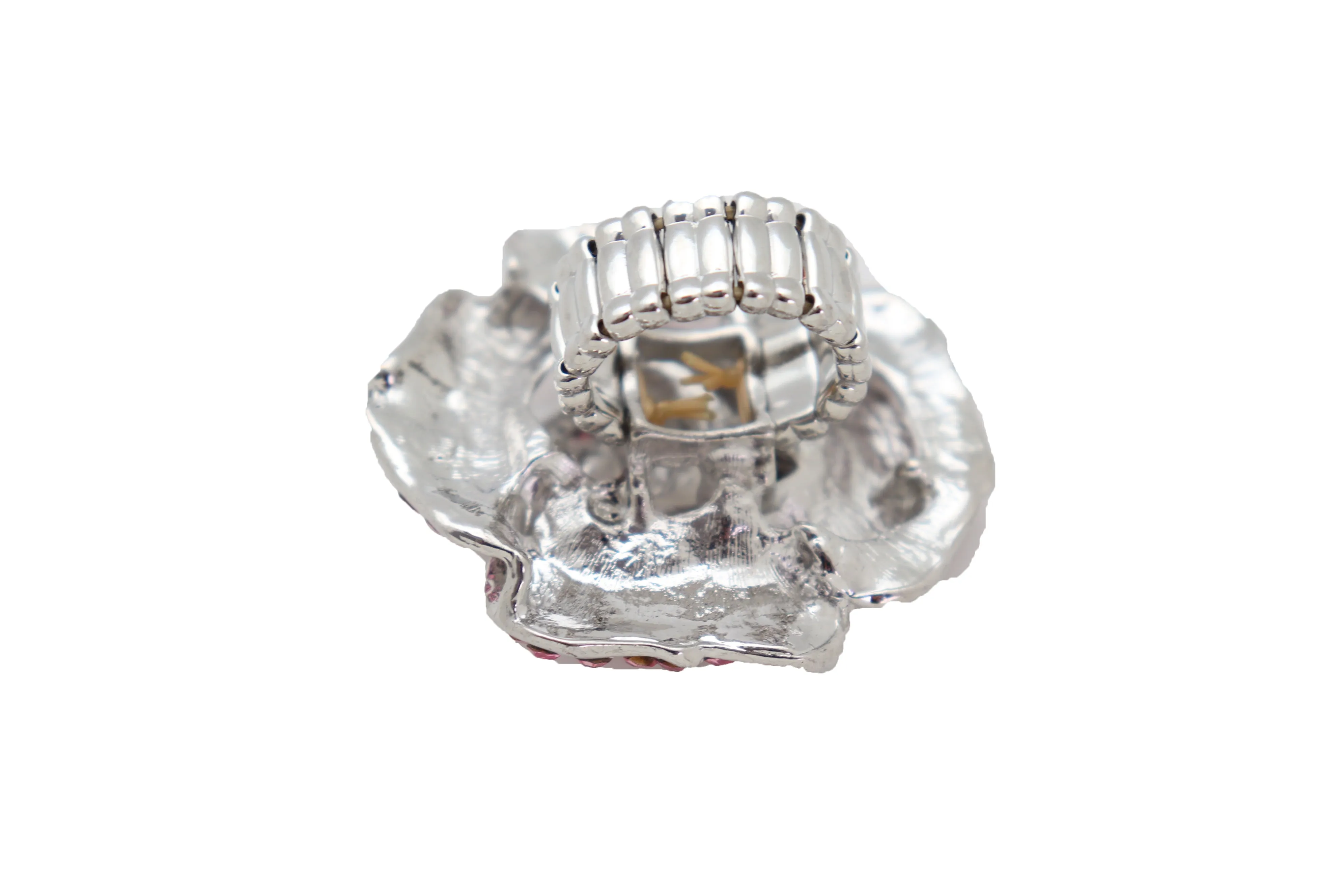 Oversized Pink Rhinestone Flower Elastic Band Ring