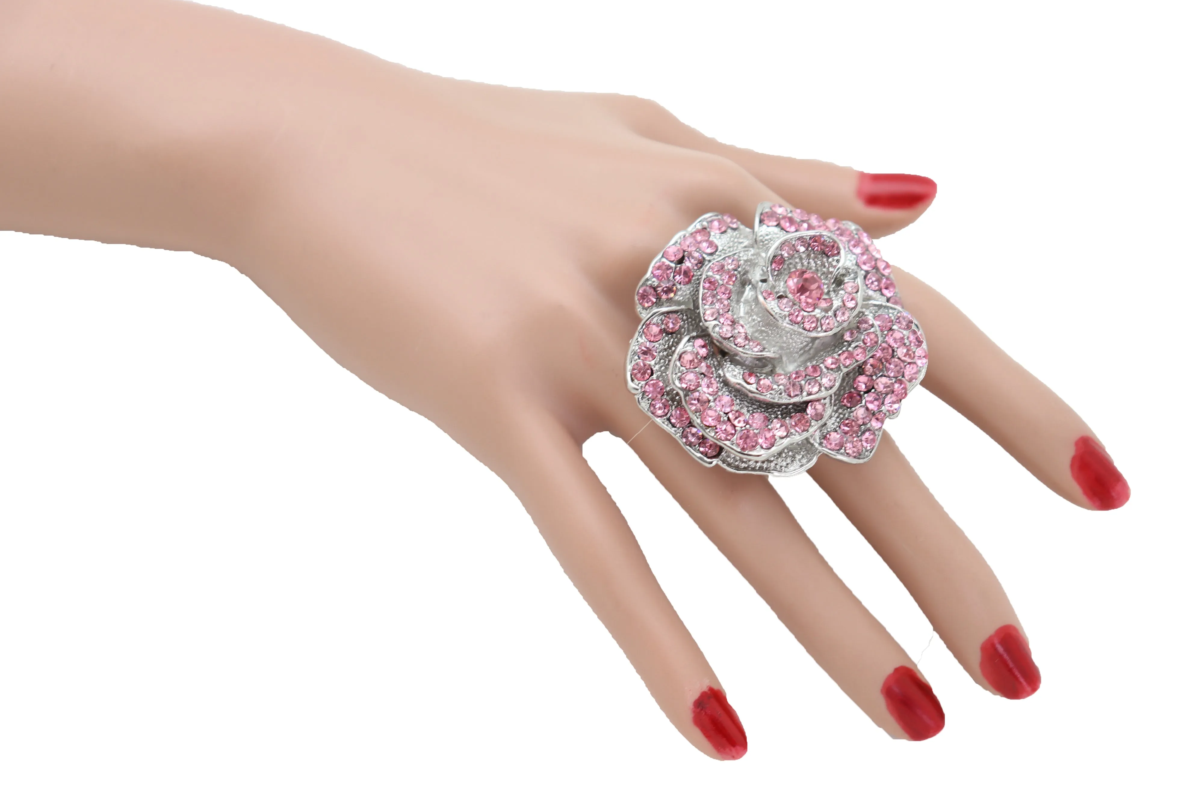 Oversized Pink Rhinestone Flower Elastic Band Ring