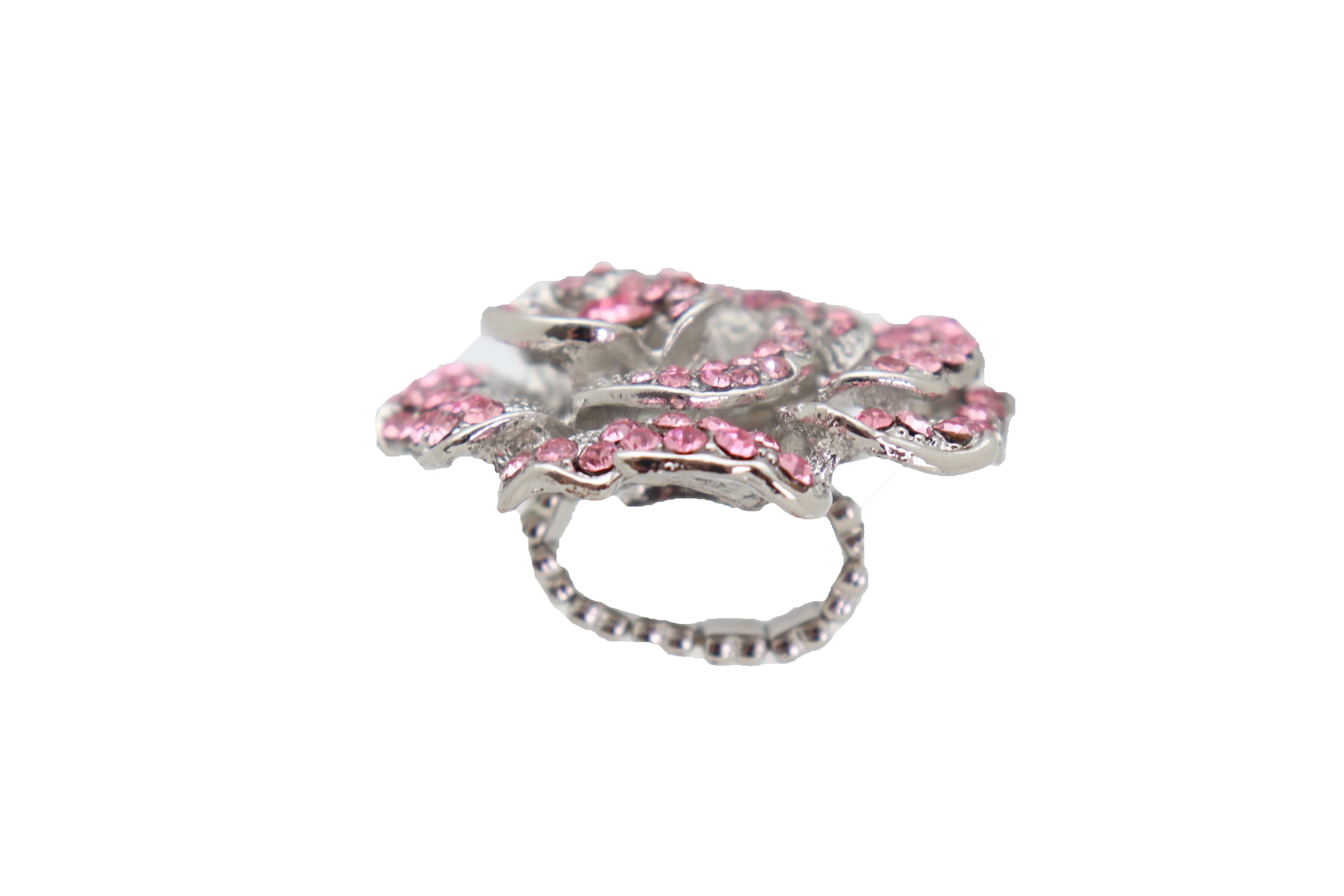 Oversized Pink Rhinestone Flower Elastic Band Ring