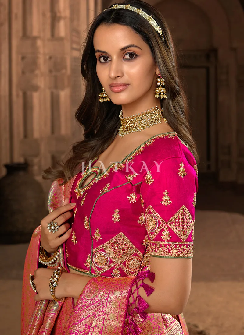 Pink And Lime Patola Silk Saree
