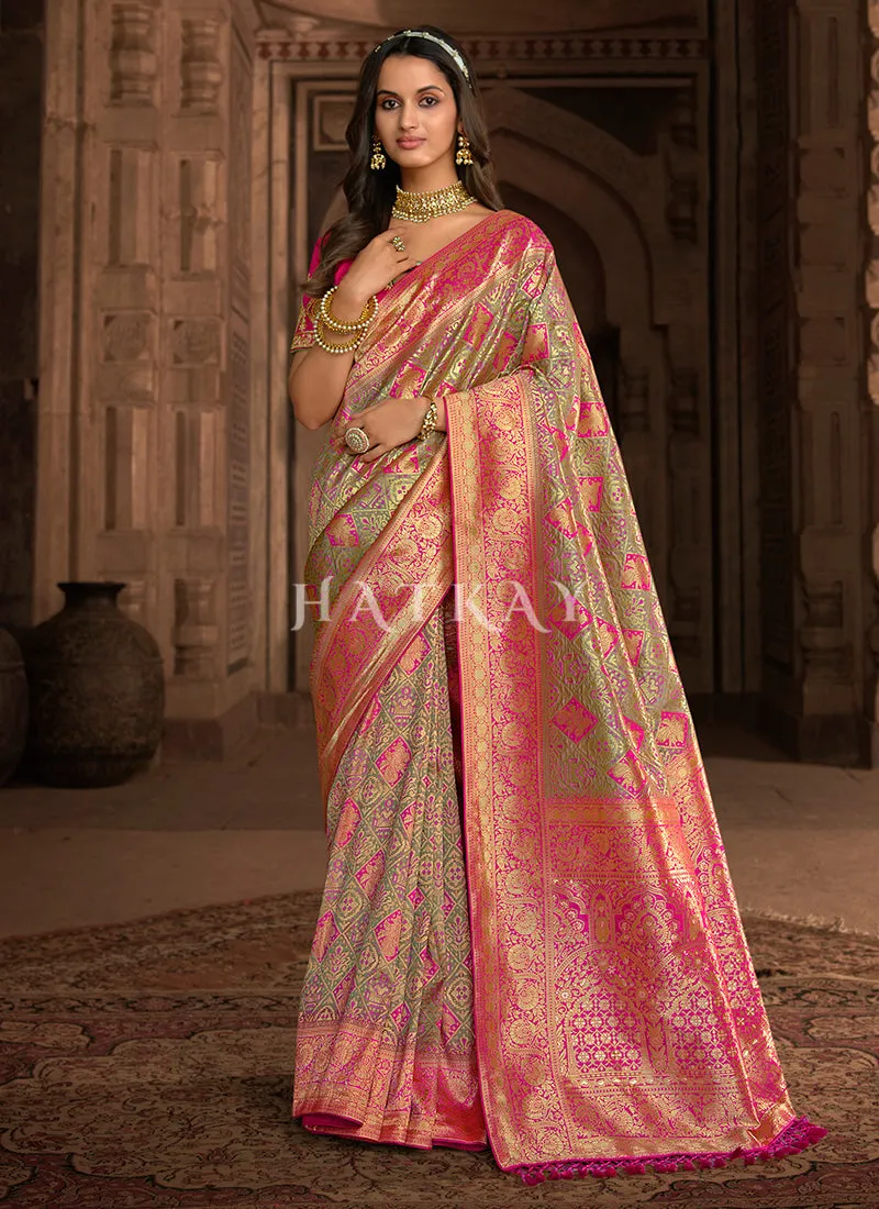 Pink And Lime Patola Silk Saree