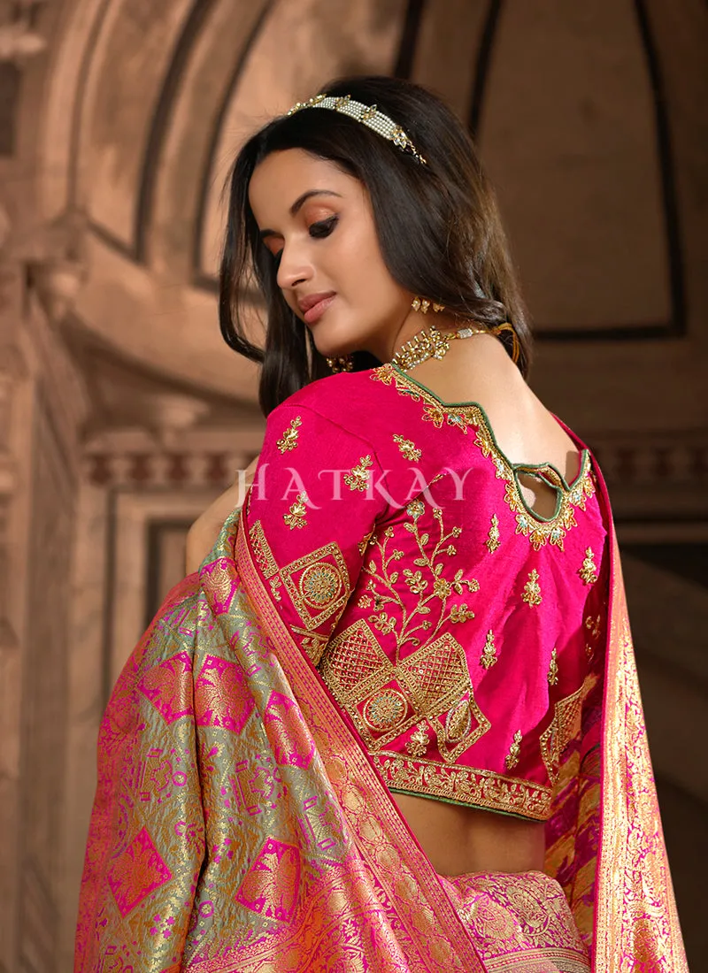 Pink And Lime Patola Silk Saree