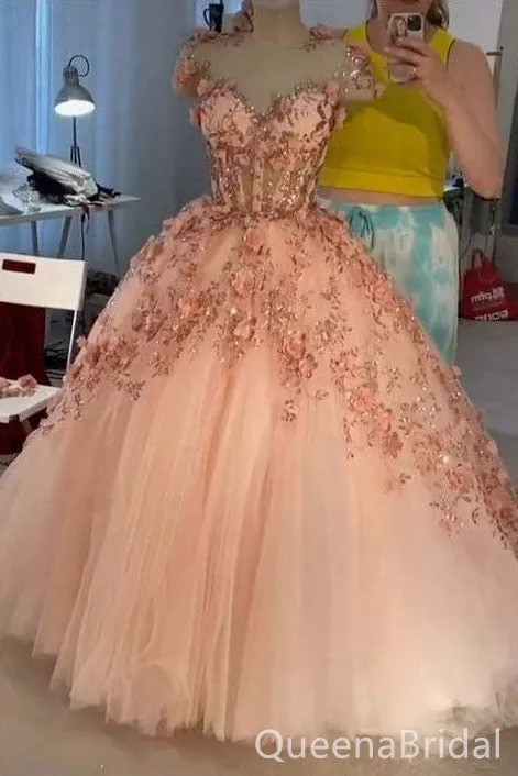 Pink Beaded Sweetheart Flower Ball Gown Evening Gown Long Evening Party Prom Dresses ,WGP1296