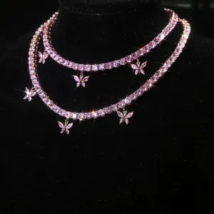 PINK butterfly tennis choker , cz tennis butterfly necklace , bling iced tennis butterfly, butterfly necklace,butterfly choker