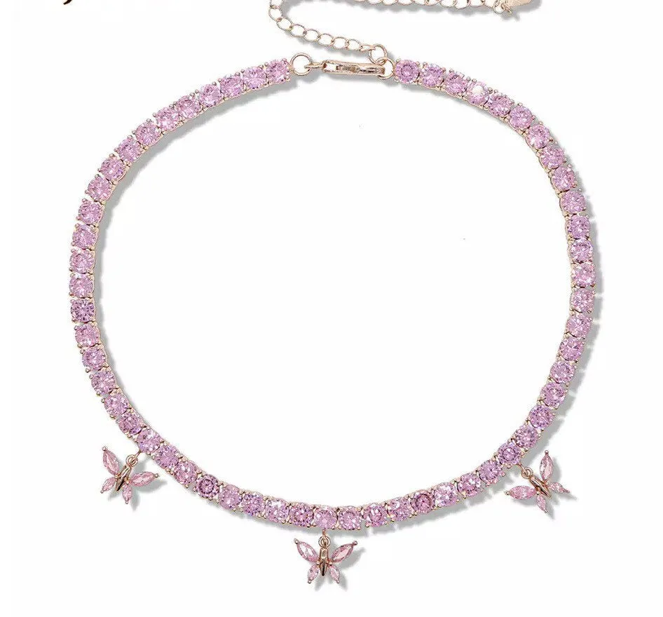 PINK butterfly tennis choker , cz tennis butterfly necklace , bling iced tennis butterfly, butterfly necklace,butterfly choker