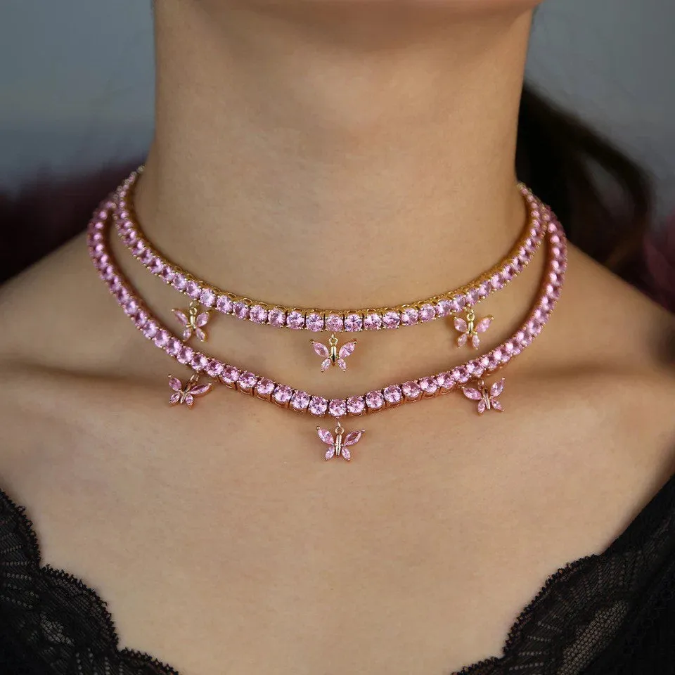 PINK butterfly tennis choker , cz tennis butterfly necklace , bling iced tennis butterfly, butterfly necklace,butterfly choker
