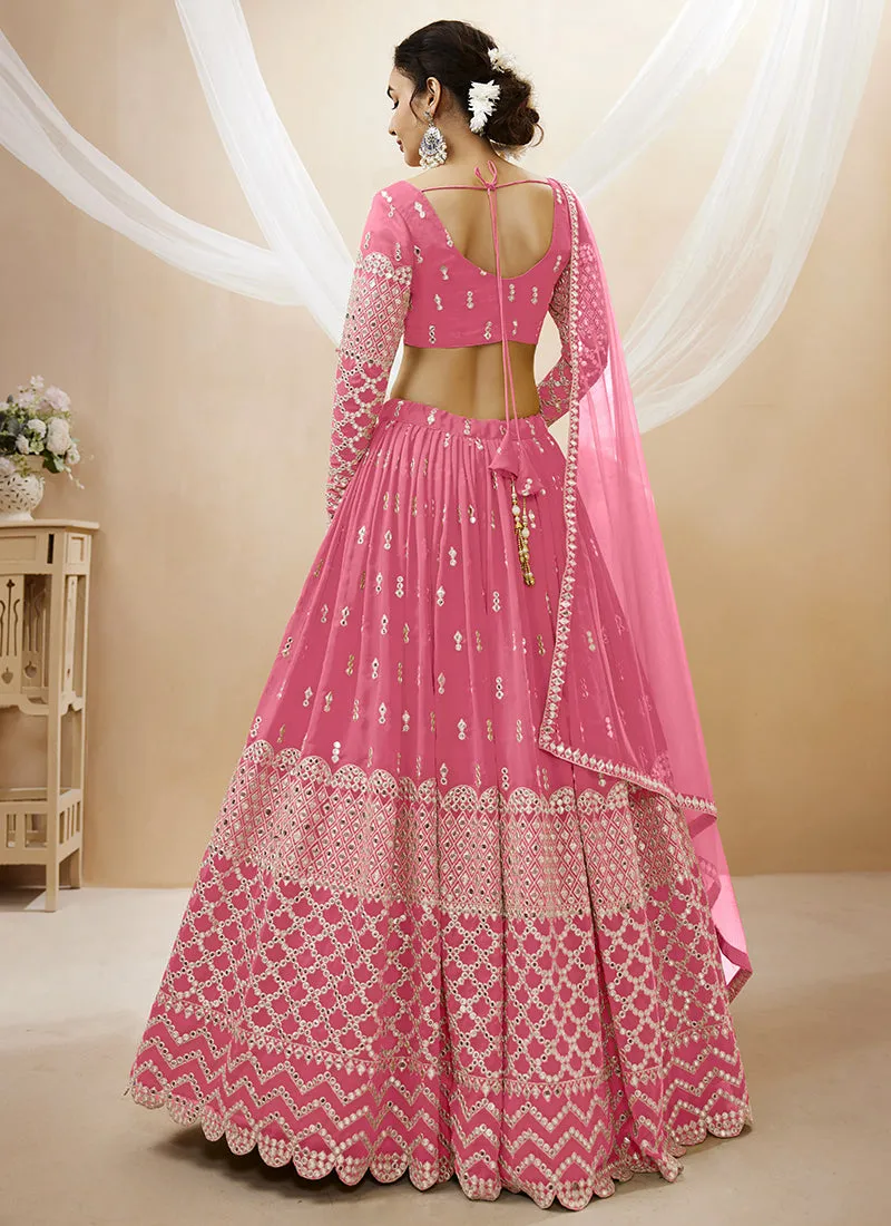 Pink Mirror Work Embroidery Wedding Lehenga Choli