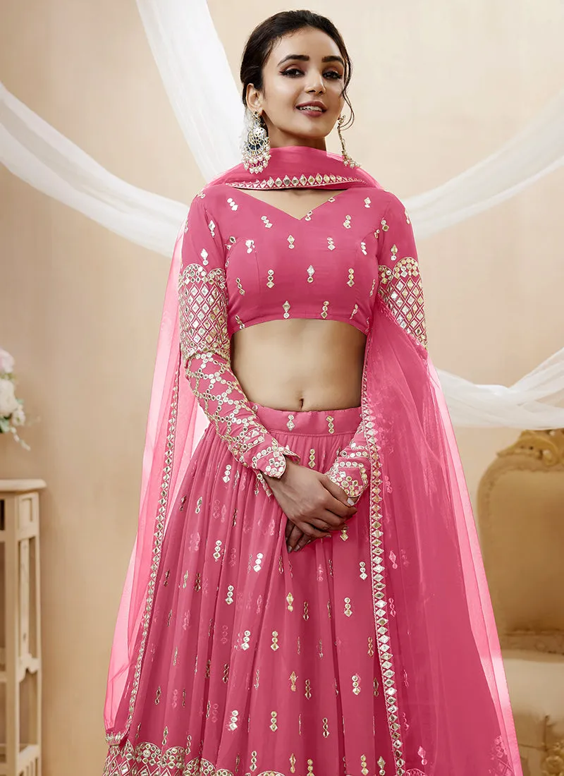 Pink Mirror Work Embroidery Wedding Lehenga Choli
