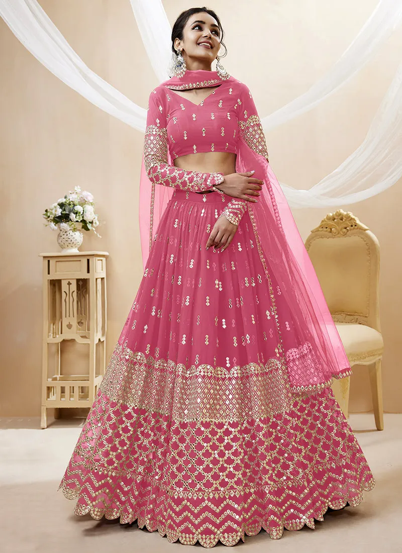 Pink Mirror Work Embroidery Wedding Lehenga Choli