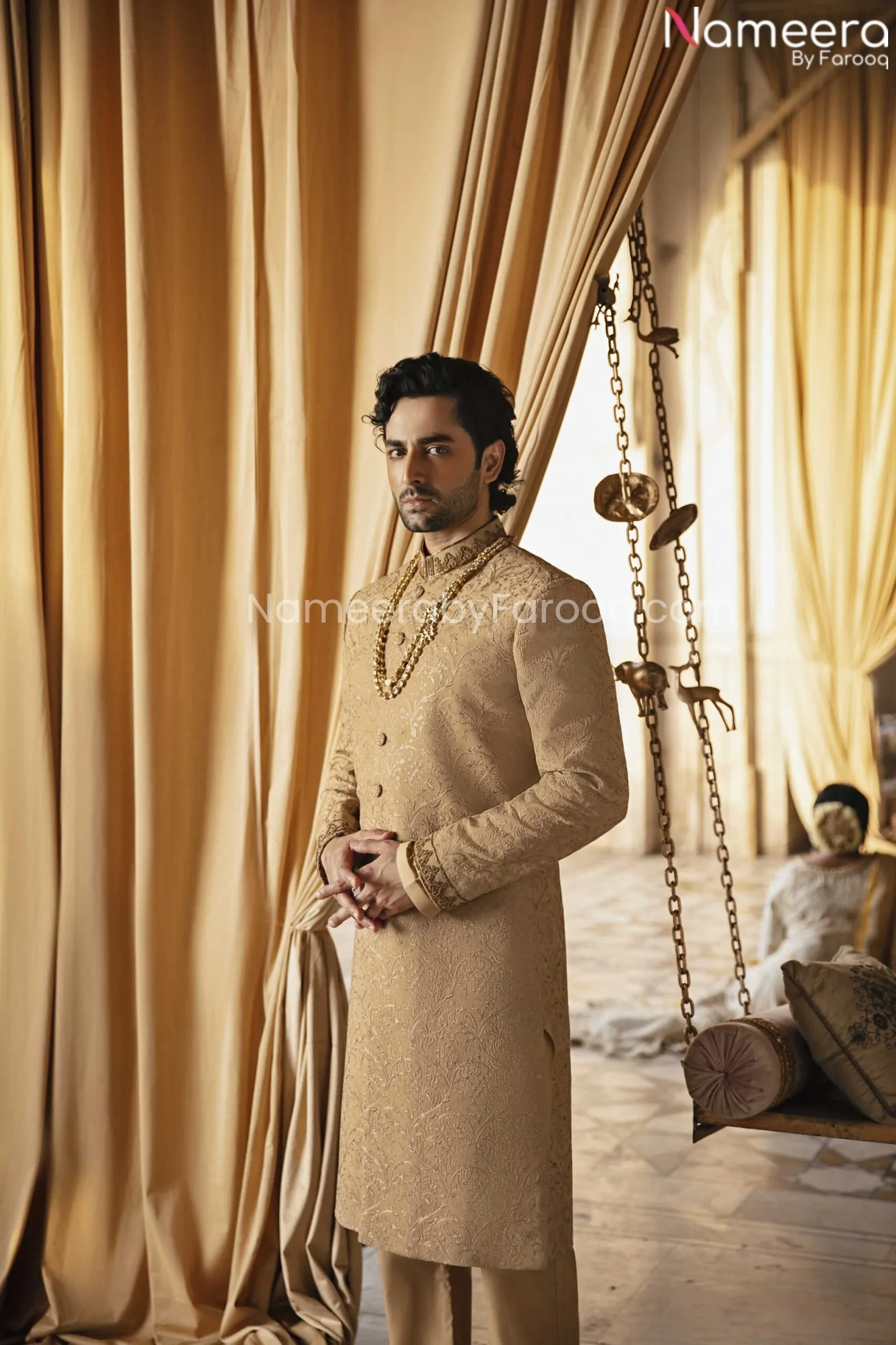 Premium Designer Jamawar Golden Sherwani Attire #GN21