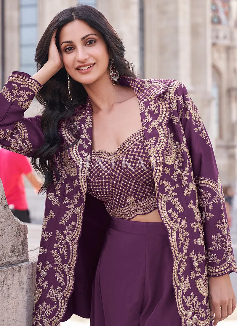 Purple Embroidered Jacket Style Designer Palazzo Suit