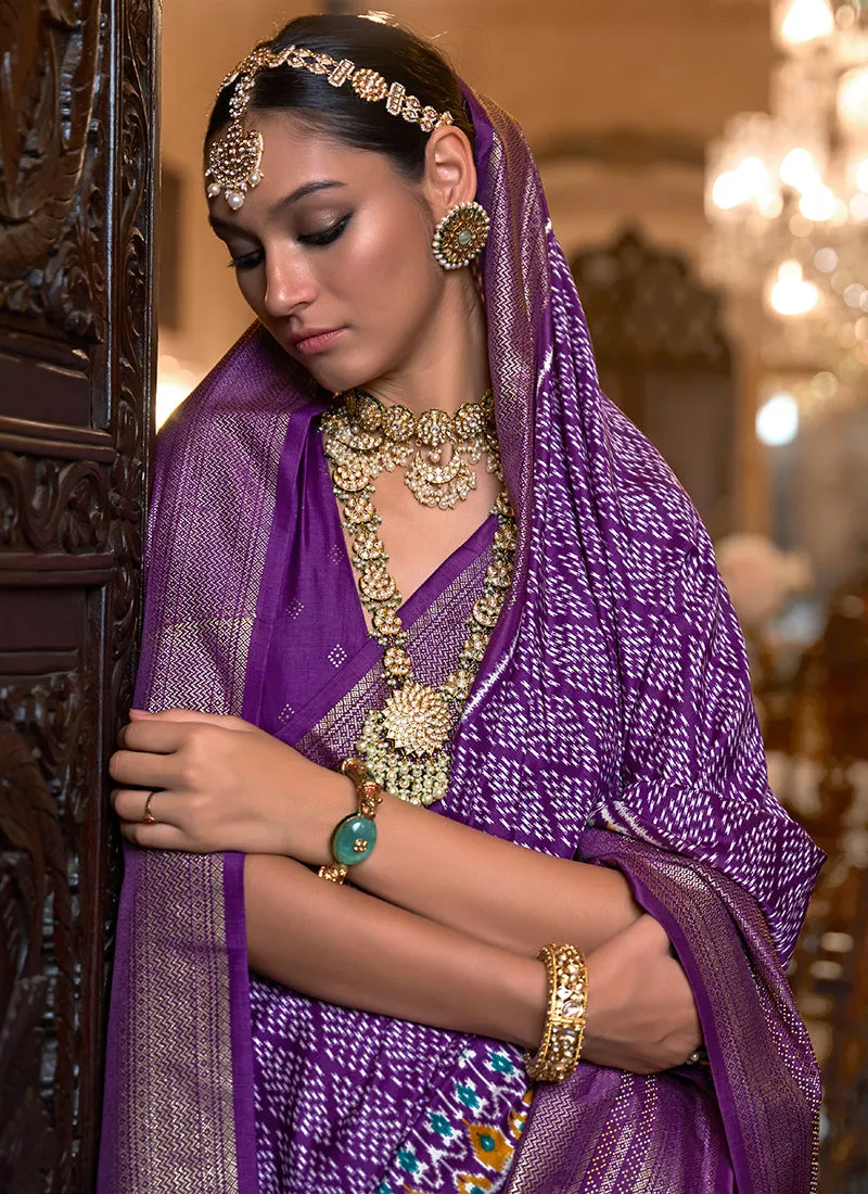 Purple Ikat Printed Patola Silk Saree