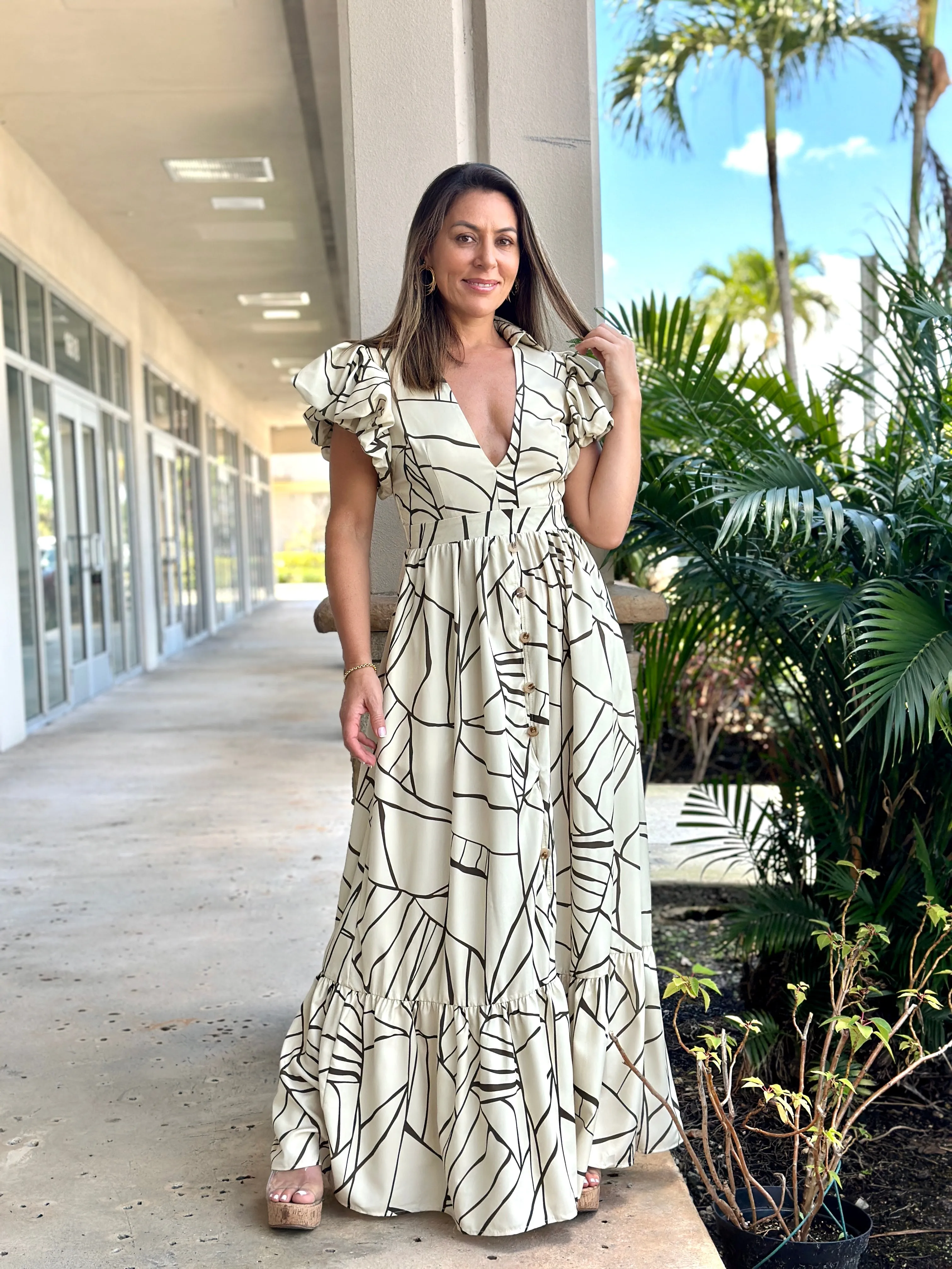 "Amara" Puffy Short Sleeve Button Up Maxi Dress