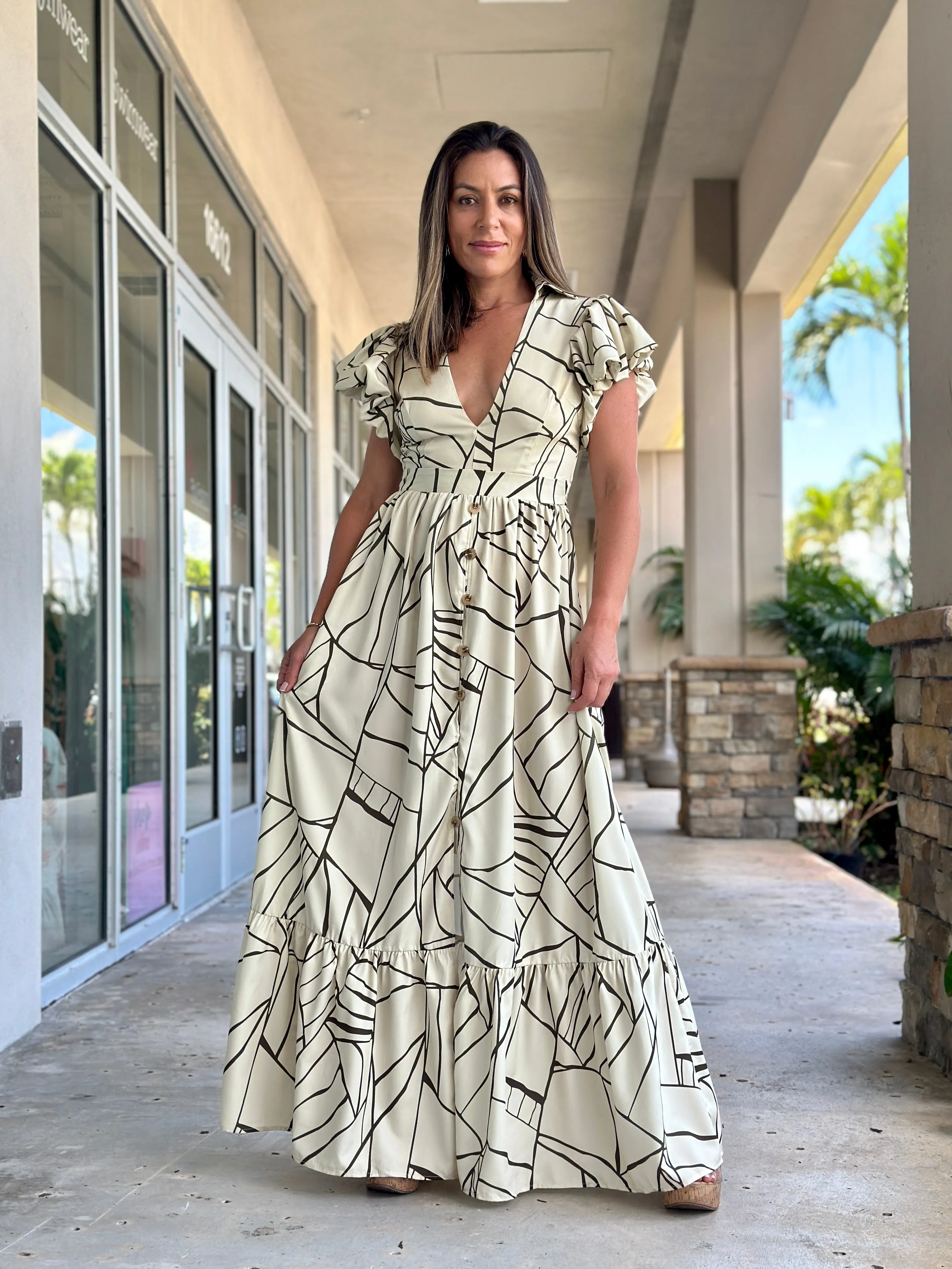 "Amara" Puffy Short Sleeve Button Up Maxi Dress