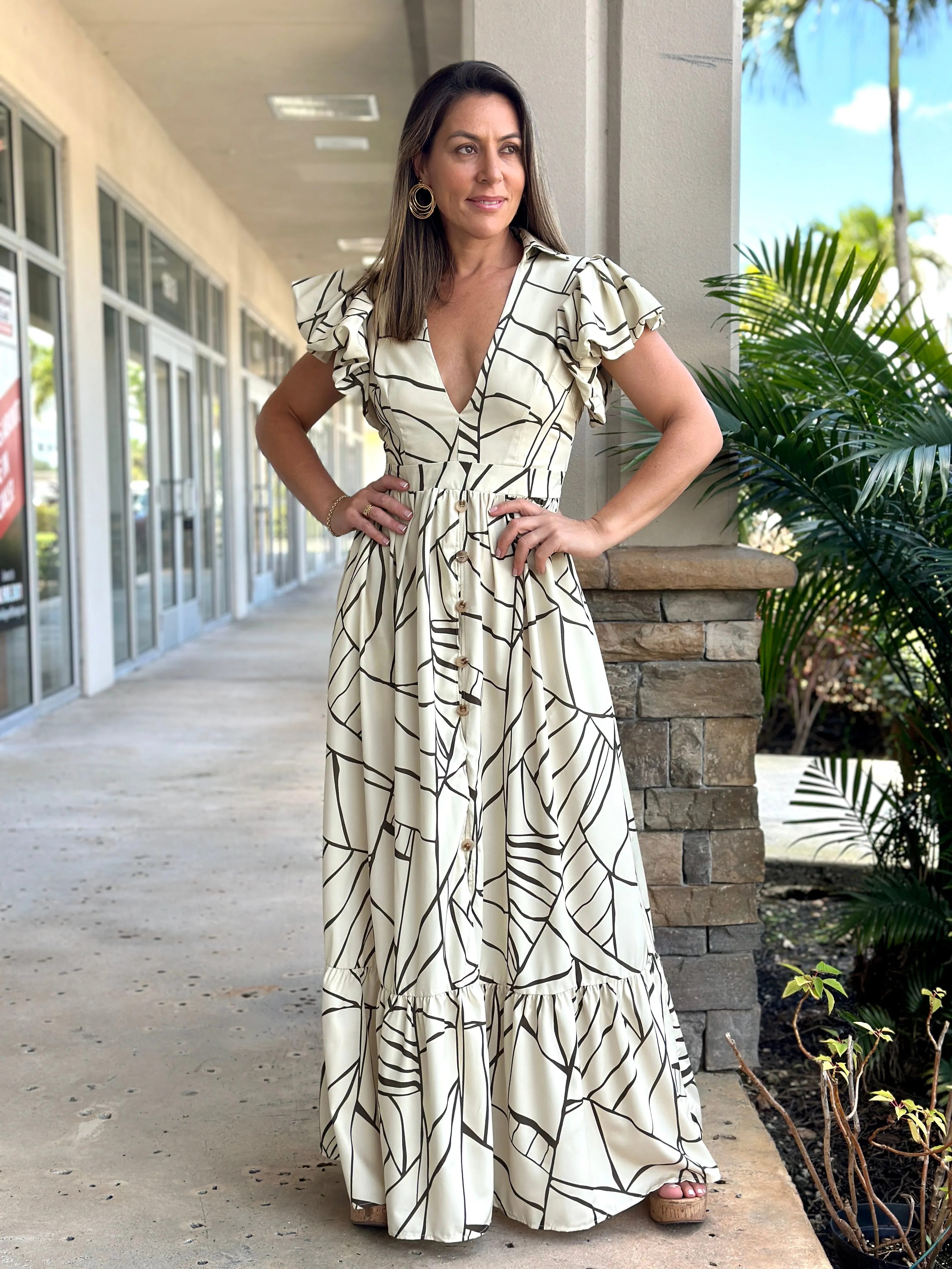 "Amara" Puffy Short Sleeve Button Up Maxi Dress