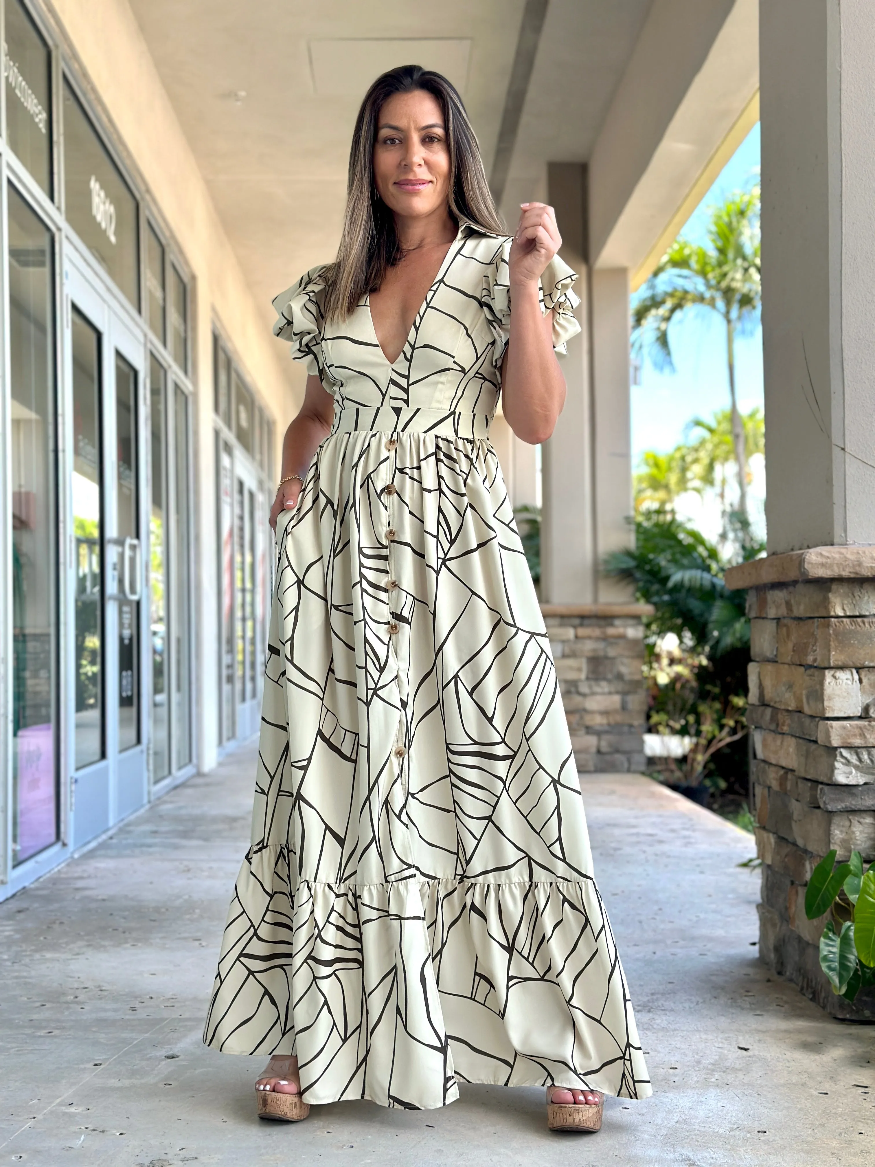 "Amara" Puffy Short Sleeve Button Up Maxi Dress