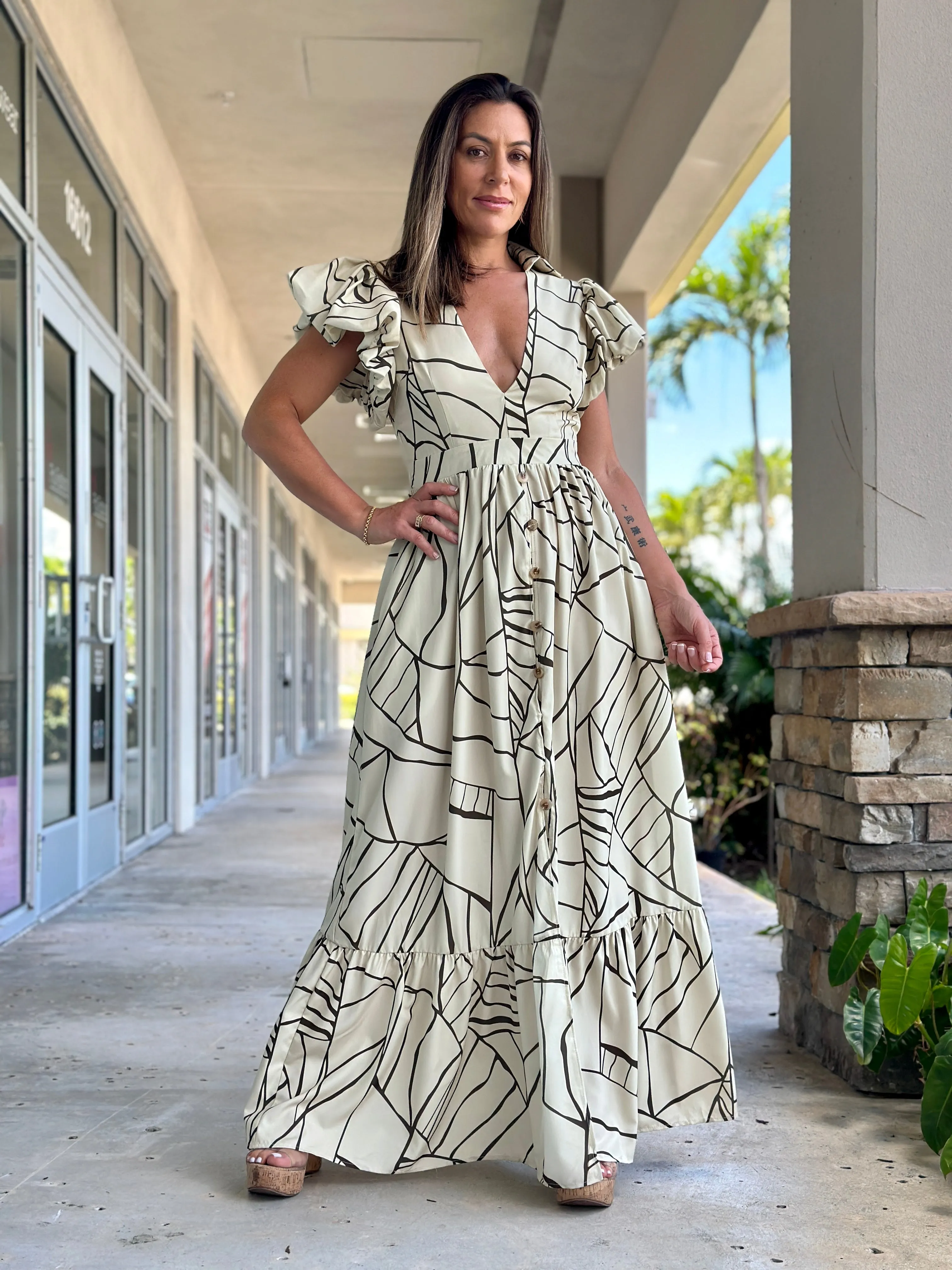 "Amara" Puffy Short Sleeve Button Up Maxi Dress
