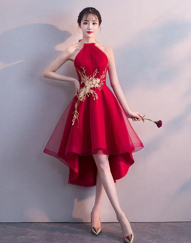 Red High Low Halter Stylish Formal Dress, Cute Party Dresses