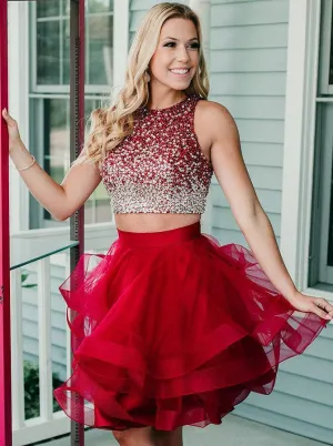 Red Two Piece Round Neck Tiered Tulle Homecoming Dresses With Beading