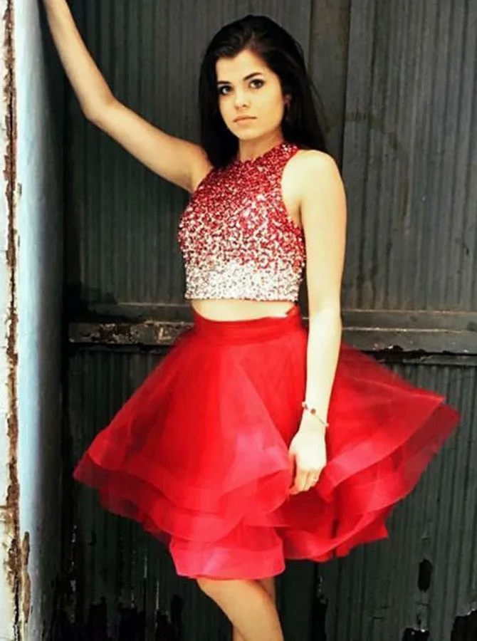 Red Two Piece Round Neck Tiered Tulle Homecoming Dresses With Beading