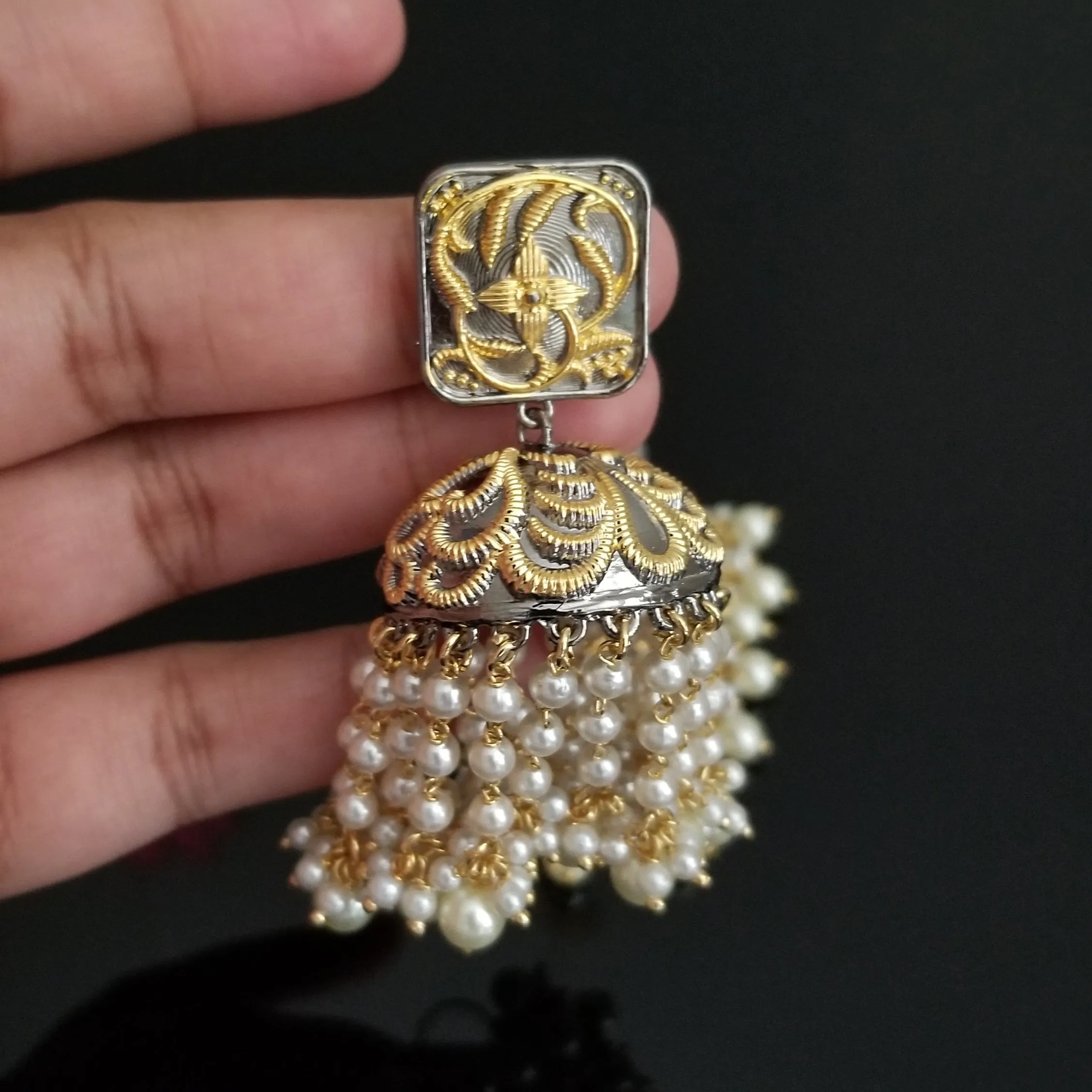 Reserved For Sivani K Reddy, Kanchana Pemmadi And Maha Lakshmi Pearl Tassel Designer Jhumkas With Dual Finish ST9