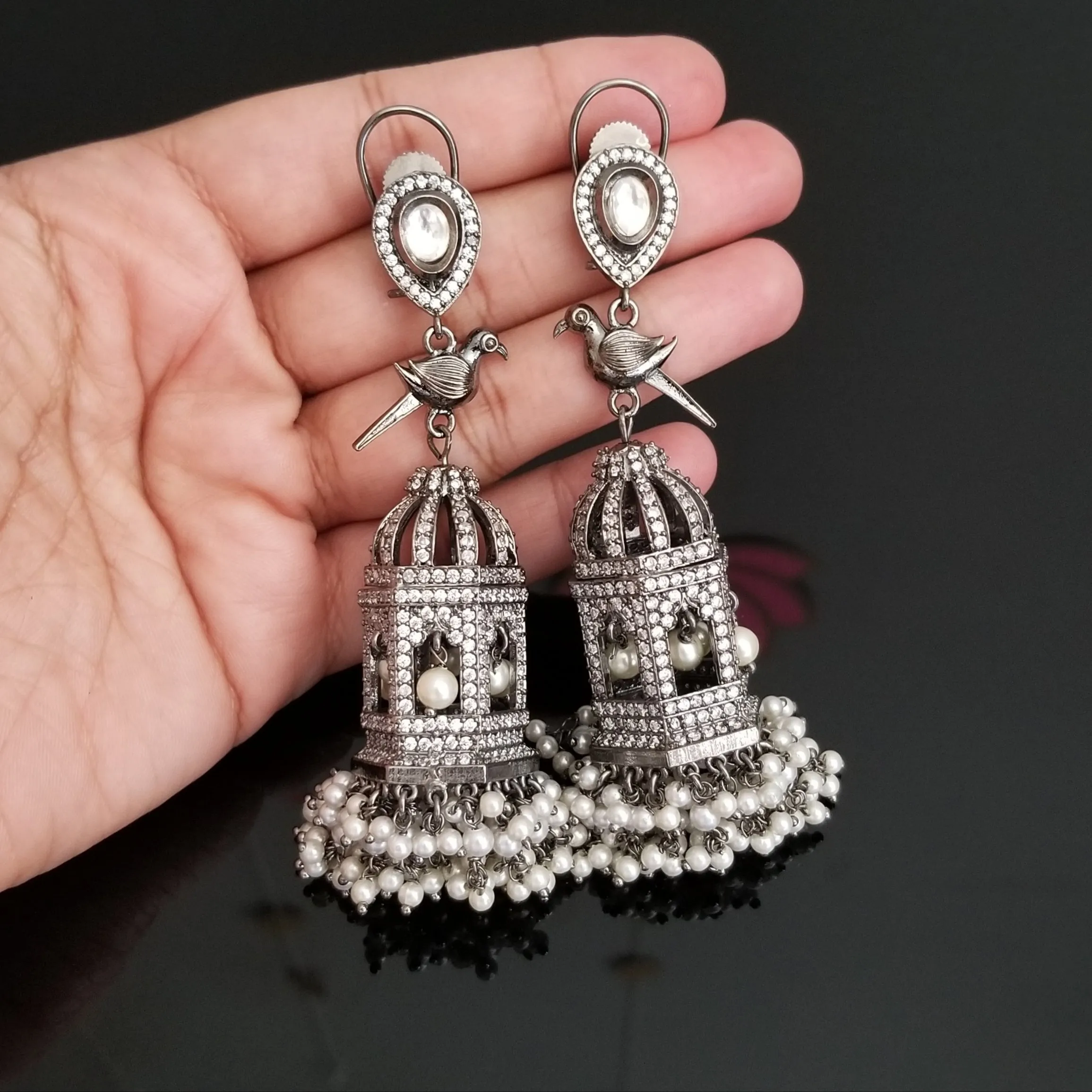 Reserved For Sneha Meenakshi Designer American Diamond Bird Cage Earrings 1730