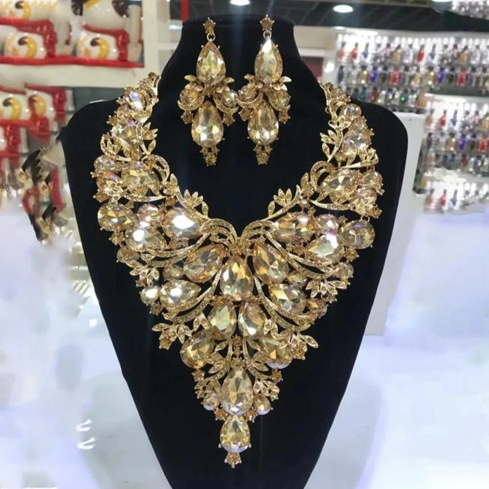 Rhinestone Drop Necklace Earrings Set