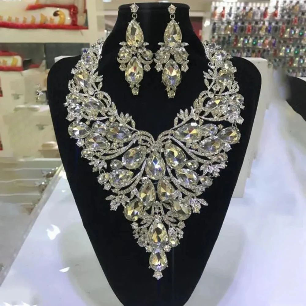 Rhinestone Drop Necklace Earrings Set