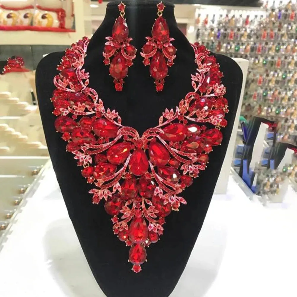 Rhinestone Drop Necklace Earrings Set
