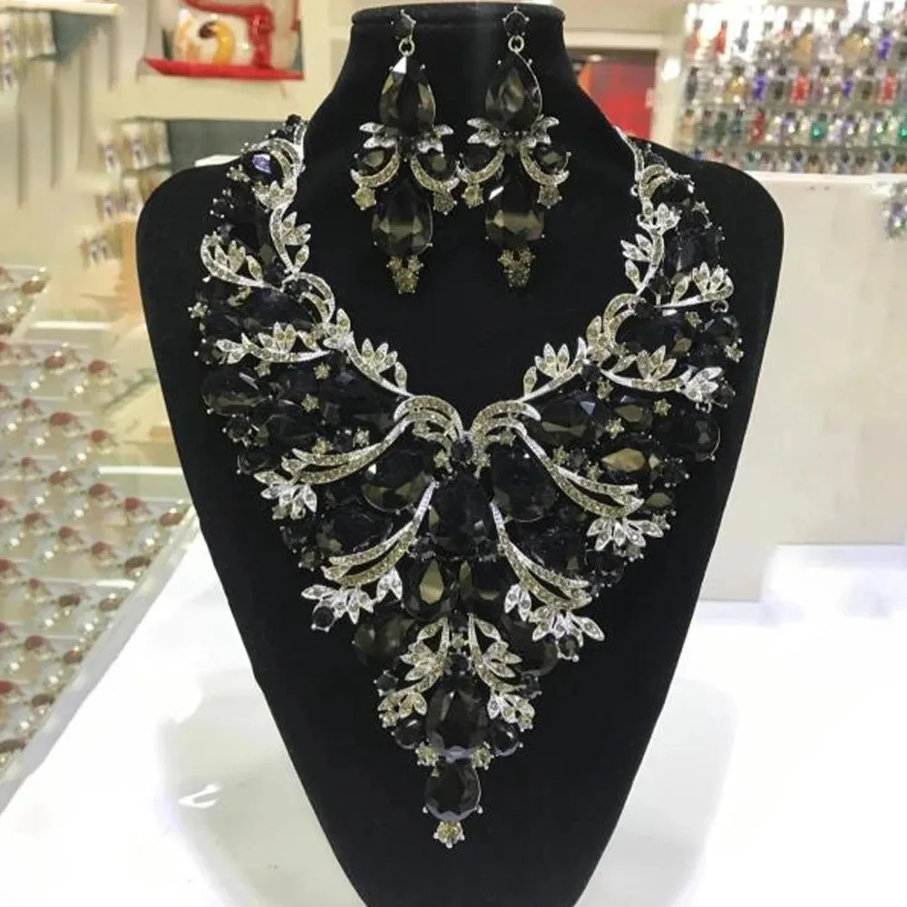 Rhinestone Drop Necklace Earrings Set