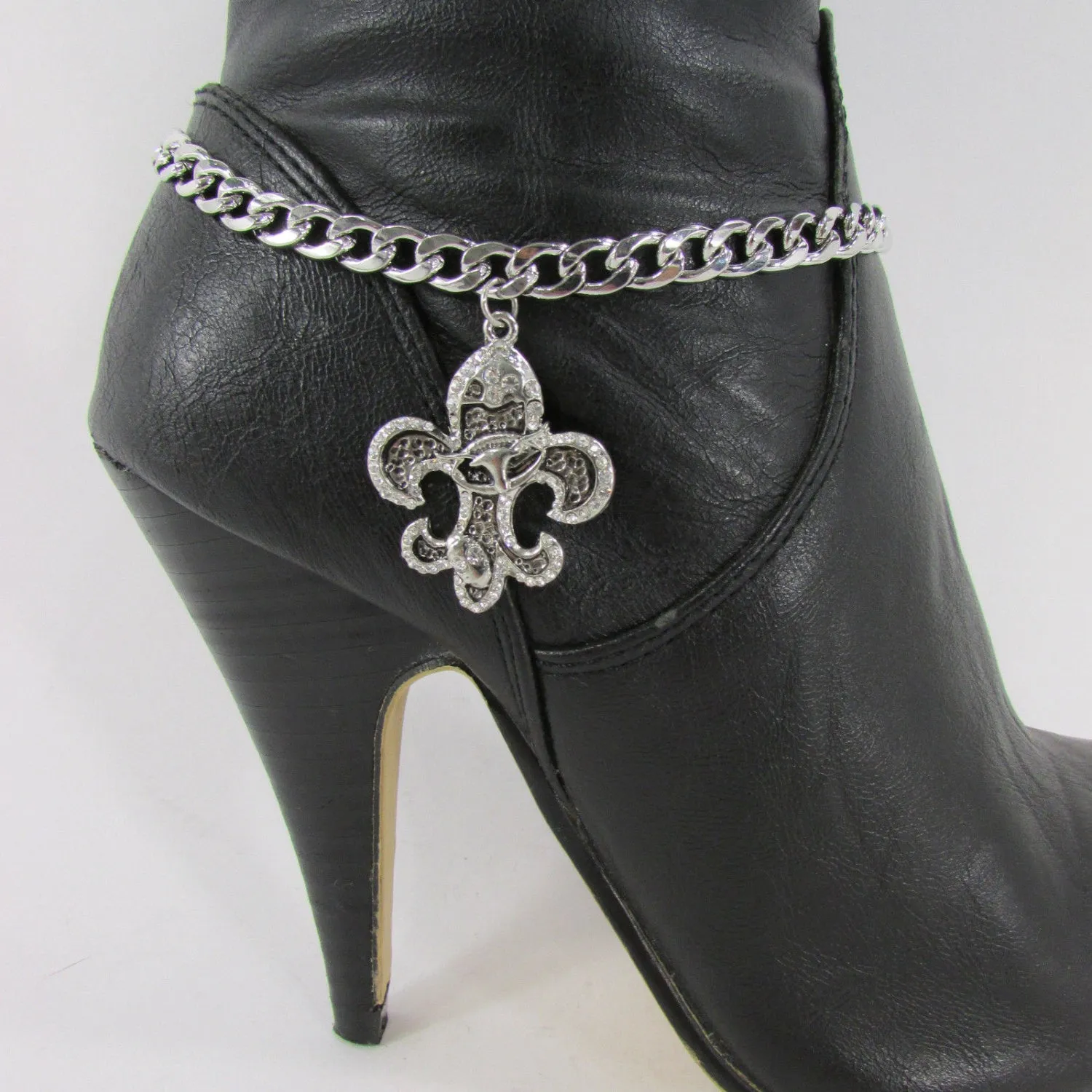 Rhinestone Outlined Fleur De Lis Pendant Boot Chain