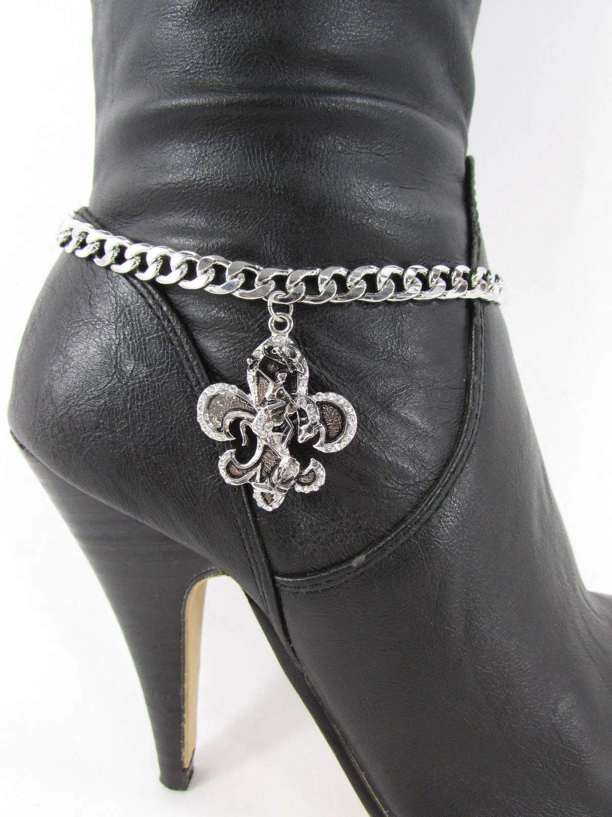 Rhinestone Outlined Fleur De Lis Pendant Boot Chain