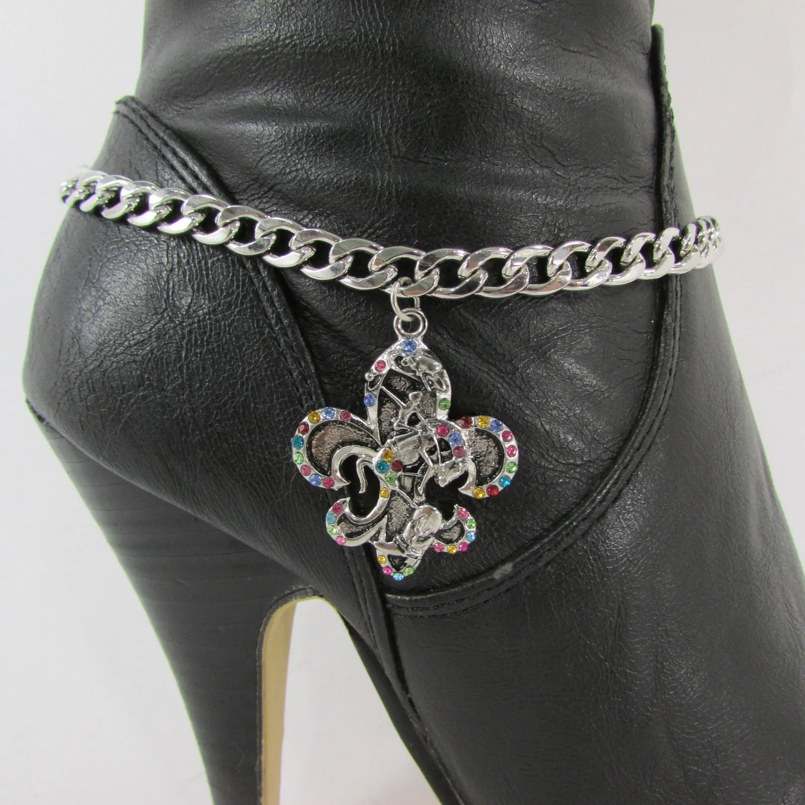 Rhinestone Outlined Fleur De Lis Pendant Boot Chain