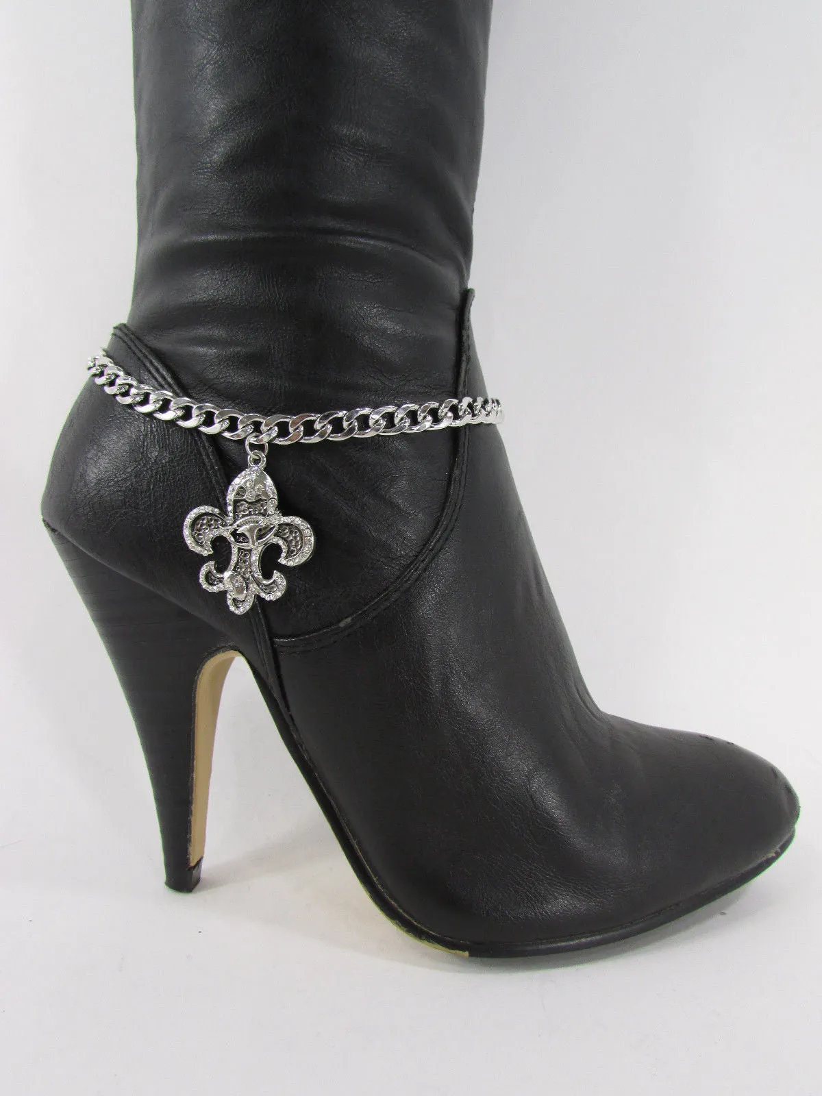 Rhinestone Outlined Fleur De Lis Pendant Boot Chain